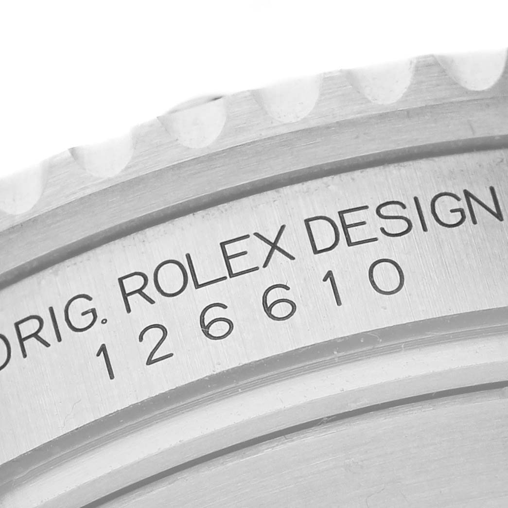 The image shows a close-up of the side with the model number of a Rolex Submariner 126610 Men's Stainless Steel Black Dial.