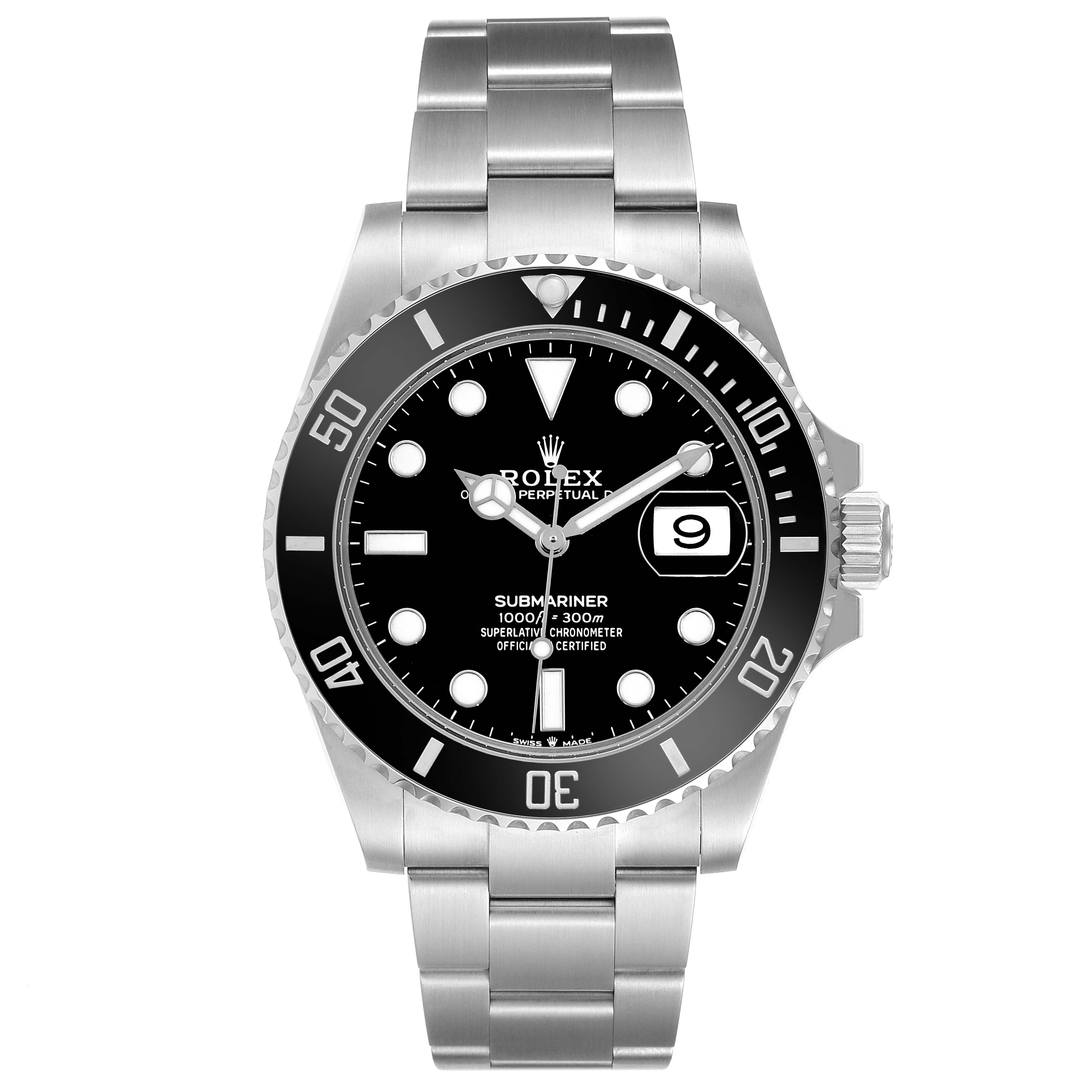The Rolex Submariner 126610 Men's Stainless Steel Black Dial watch is shown from the front, displaying the dial, bezel, bracelet, and date window.