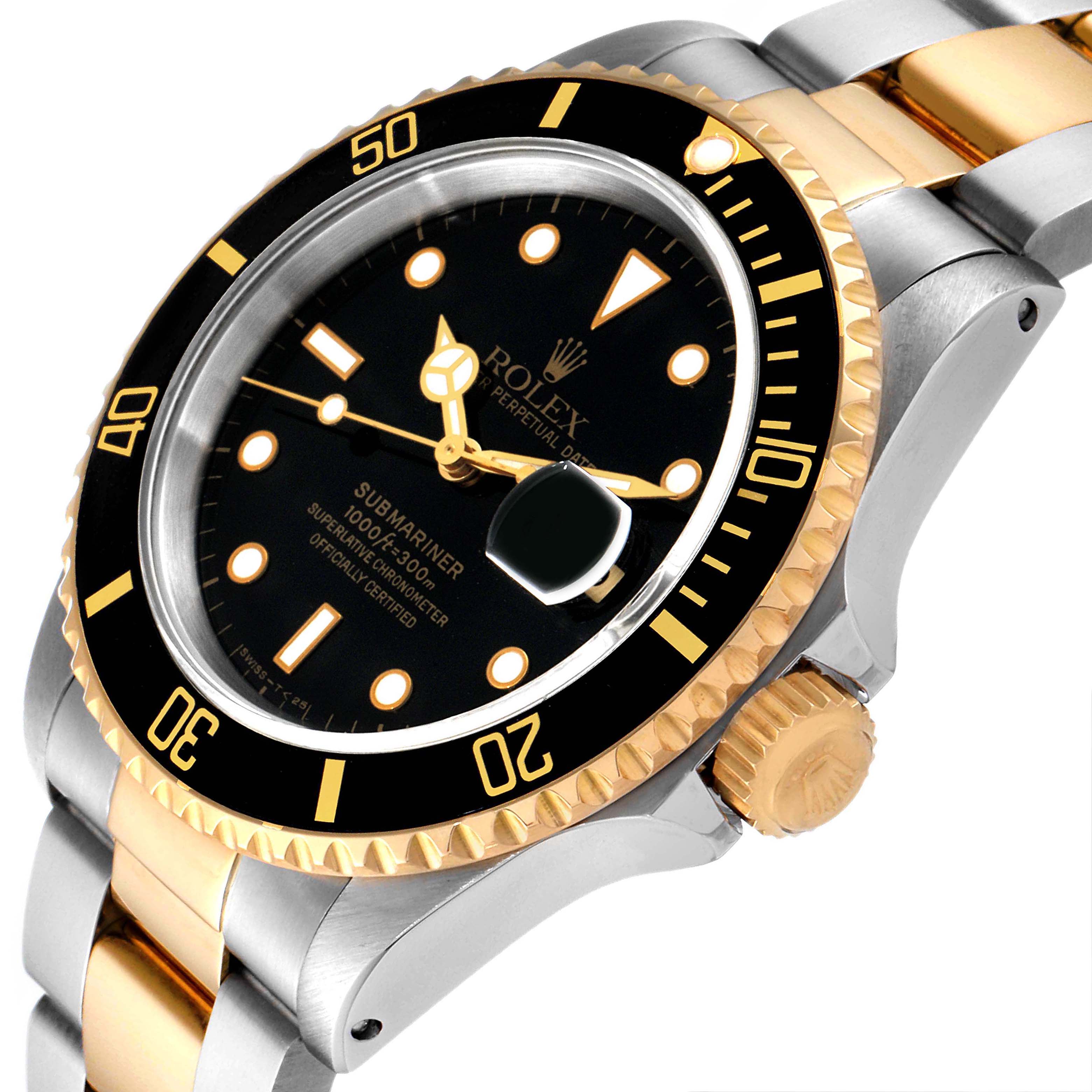 The image shows a Rolex Submariner 16613 Men's Steel and Gold (two tone) Black Dial 16613 Men's Steel and Gold (two tone) Black Dial's face, bezel, crown, and bracelet at an angled view.