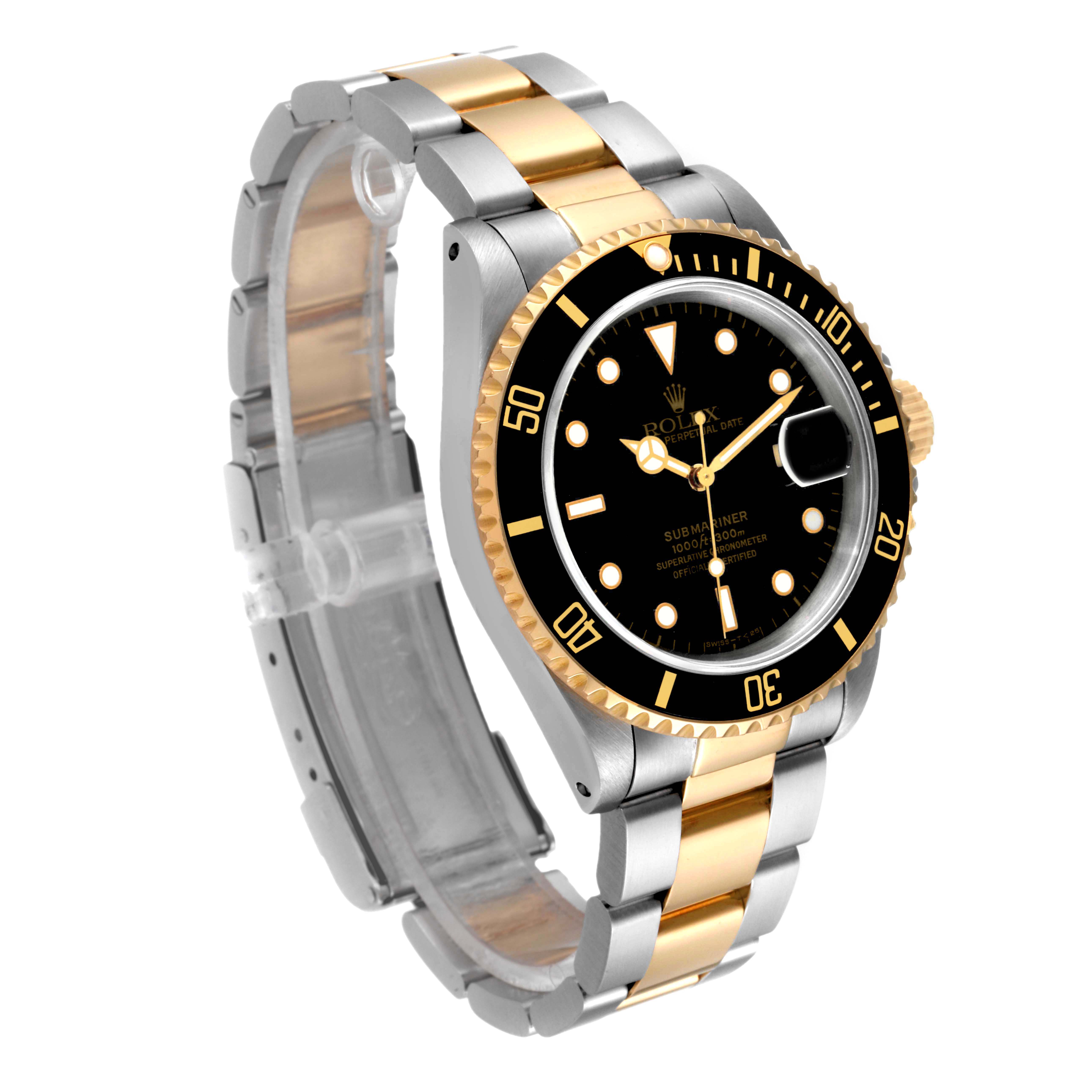 The Rolex Submariner 16613 Men's Steel and Gold (two tone) Black Dial 16613 Men's Steel and Gold (two tone) Black Dial watch is shown at an angle highlighting the face, bezel, crown, and bracelet.