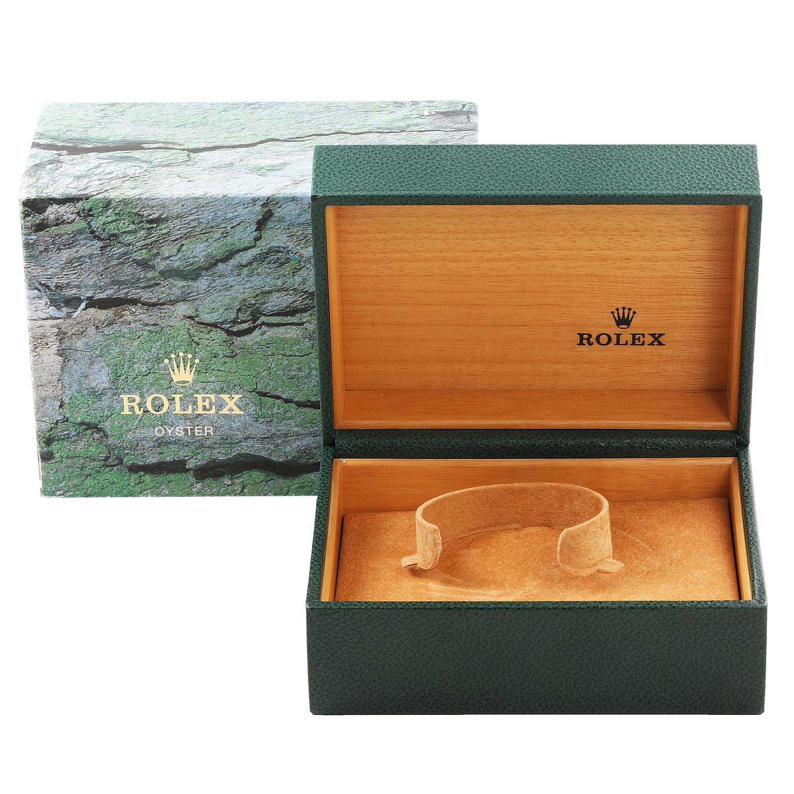 The image shows the packaging for a Rolex Submariner 16613 Men's Steel and Gold (two tone) Black Dial 16613 Men's Steel and Gold (two tone) Black Dial watch, including the outer box and inner presentation case, angled open to reveal the interior.