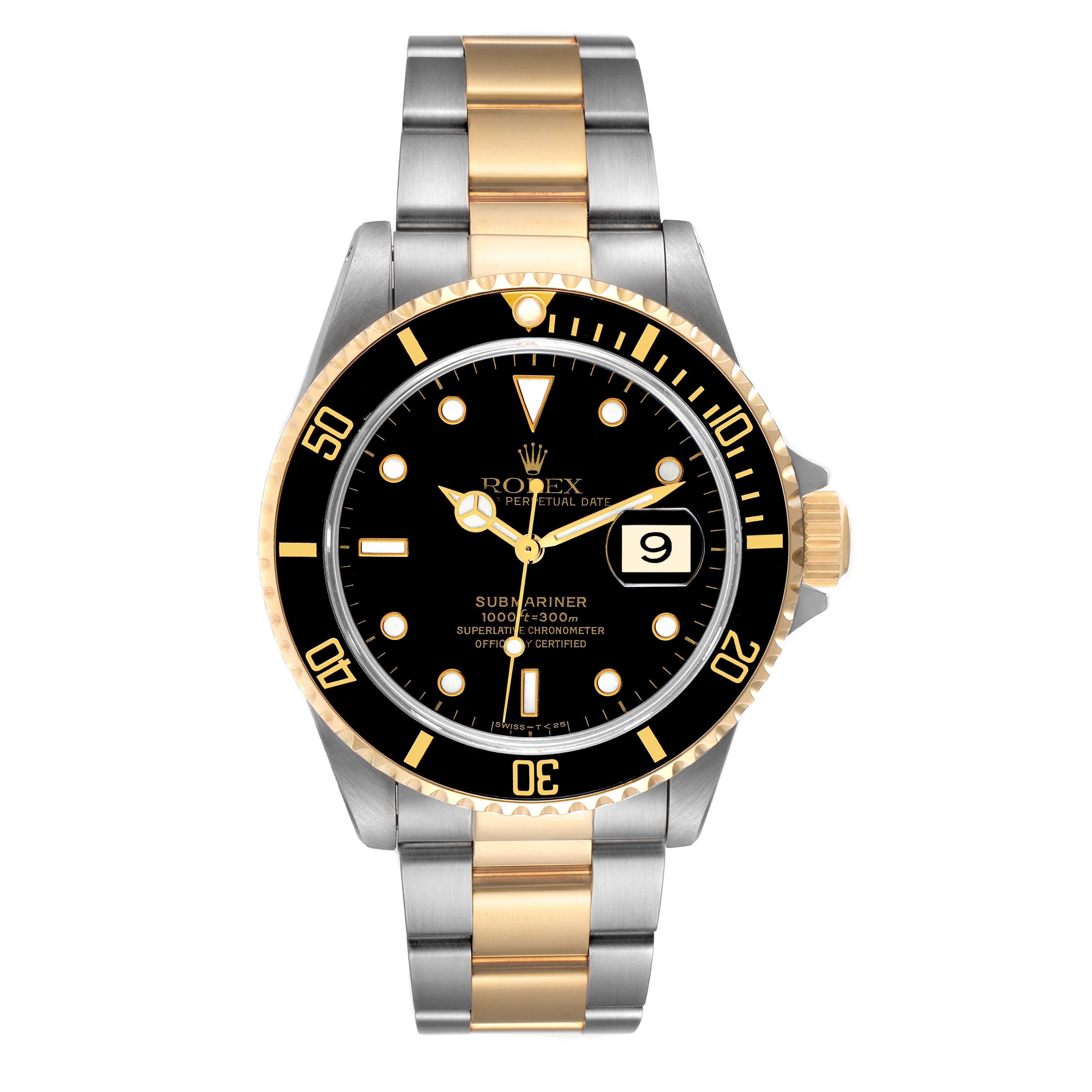 This image shows a frontal view of a Rolex Submariner 16613 Men's Steel and Gold (two tone) Black Dial 16613 Men's Steel and Gold (two tone) Black Dial watch, featuring a black dial, a two-tone metal bracelet, and a date display.