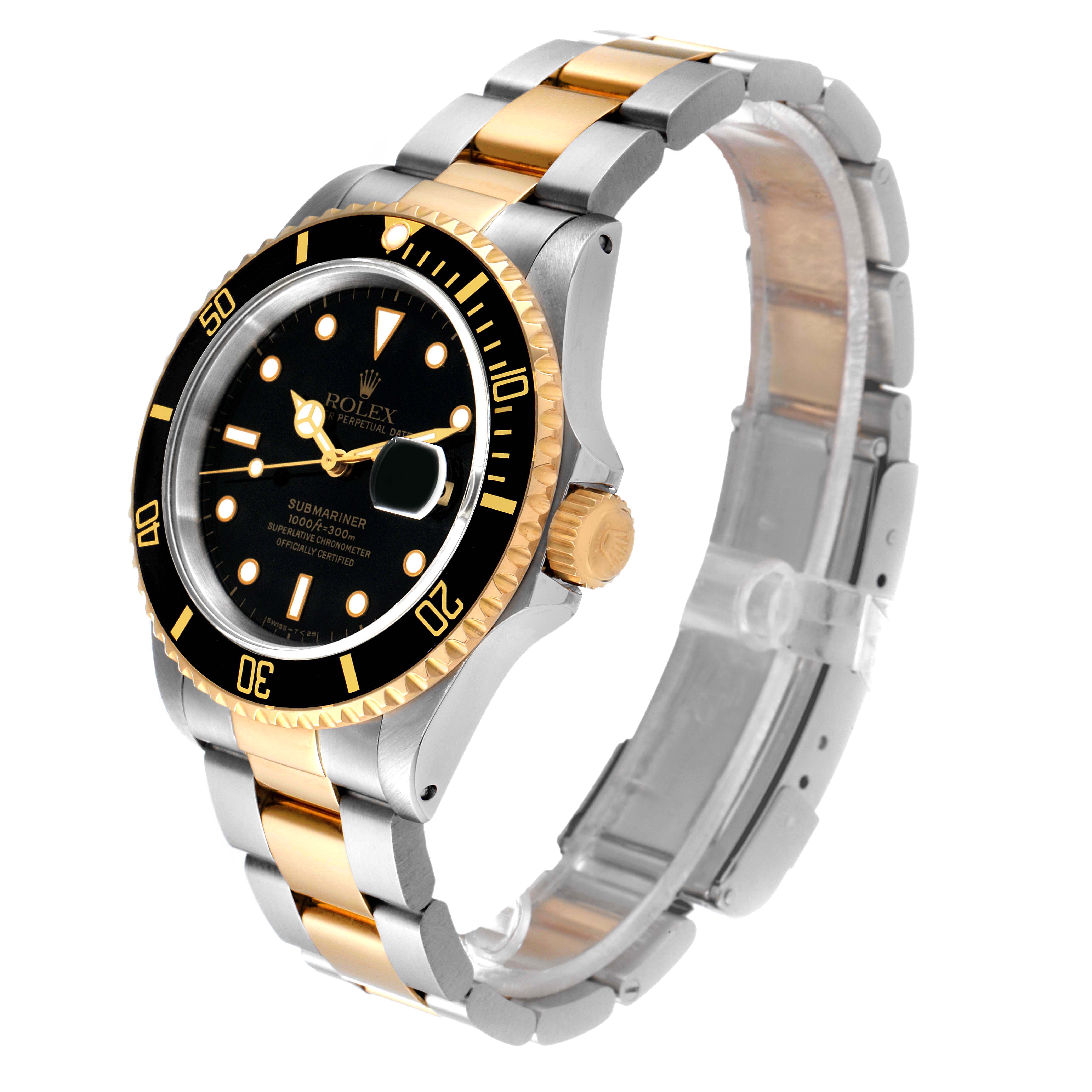 This Rolex Submariner 16613 Men's Steel and Gold (two tone) Black Dial 16613 Men's Steel and Gold (two tone) Black Dial watch is shown at an angle highlighting the dial, bezel, crown, and two-tone bracelet.