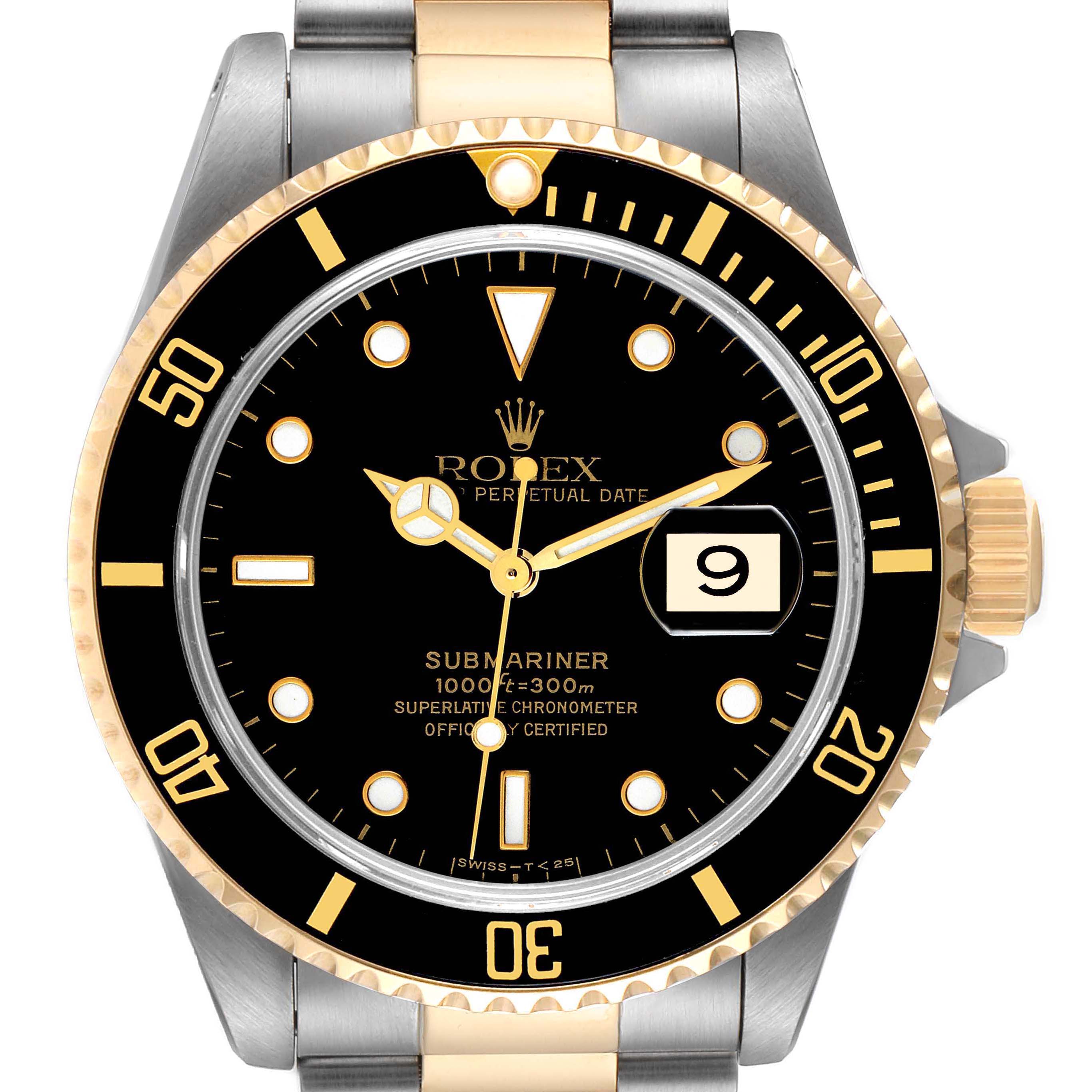 This image shows a front view of a Rolex Submariner 16613 Men's Steel and Gold (two tone) Black Dial 16613 Men's Steel and Gold (two tone) Black Dial watch, displaying the dial, bezel, and part of the bracelet.