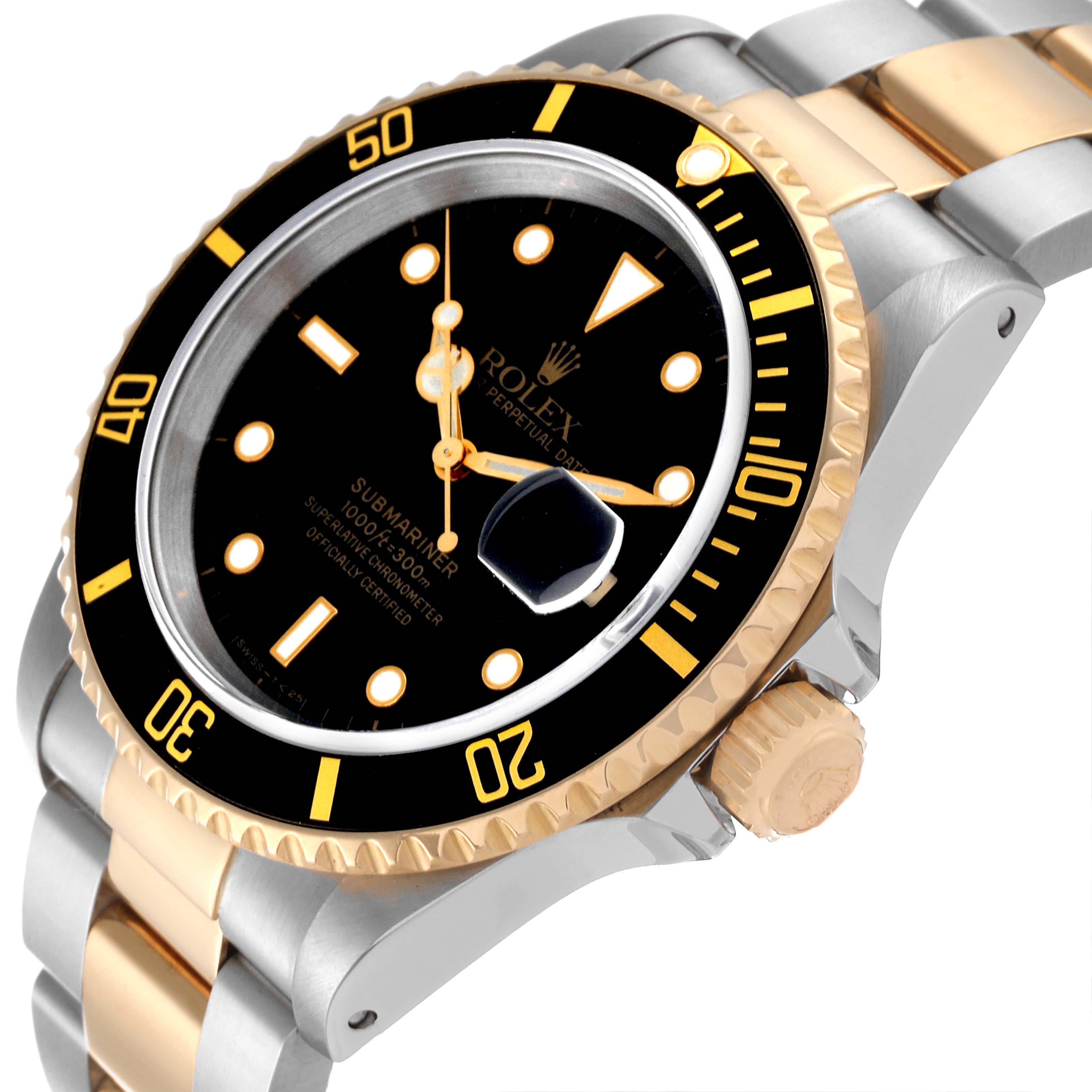 The image shows a close-up angle of the Rolex Submariner 16613 Men's Steel and Gold (two tone) Black Dial 16613 Men's Steel and Gold (two tone) Black Dial, highlighting the dial, bezel, crown, and part of the bracelet.