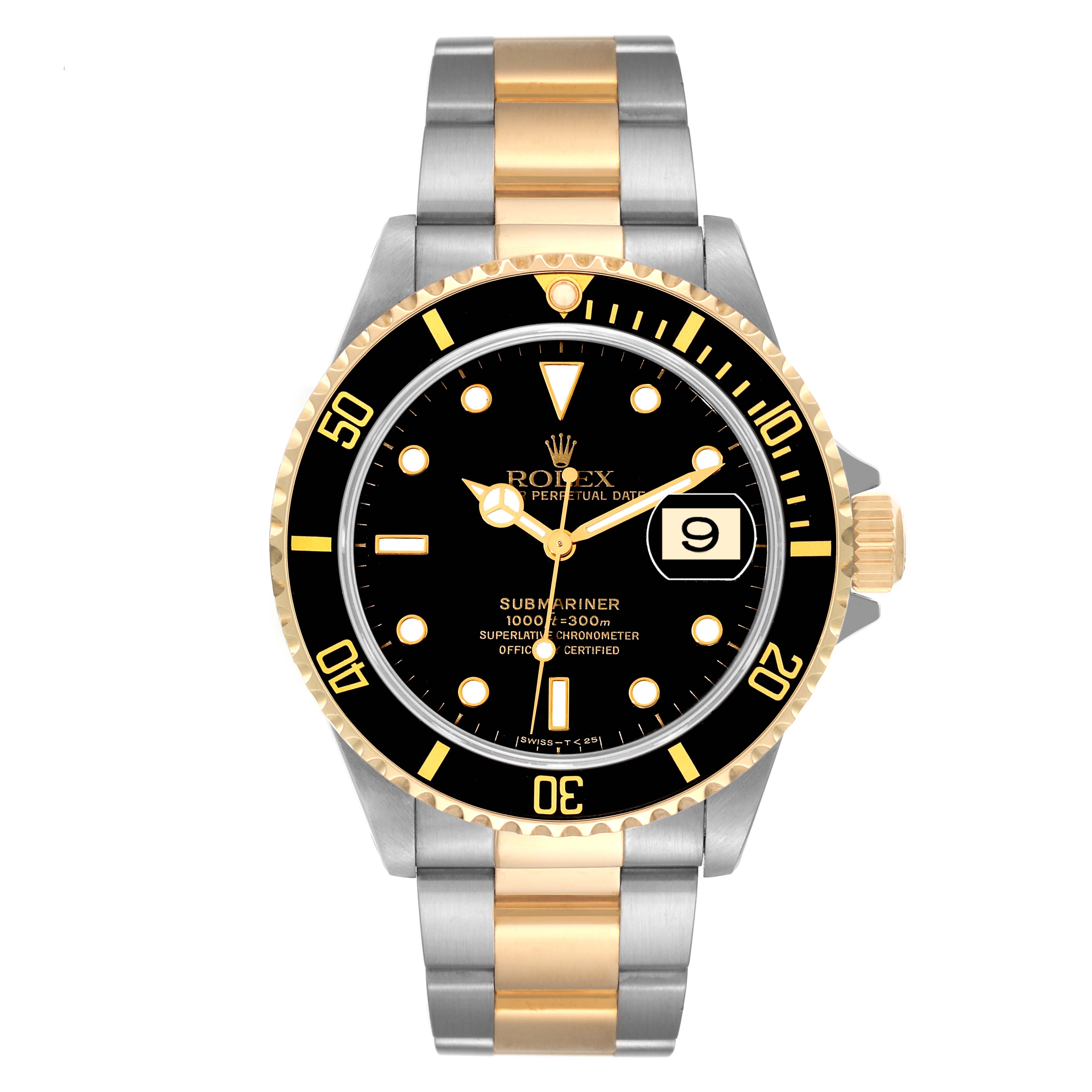 This is a front-facing view of a Rolex Submariner 16613 Men's Steel and Gold (two tone) Black Dial 16613 Men's Steel and Gold (two tone) Black Dial, showing the dial, bezel, and bracelet.