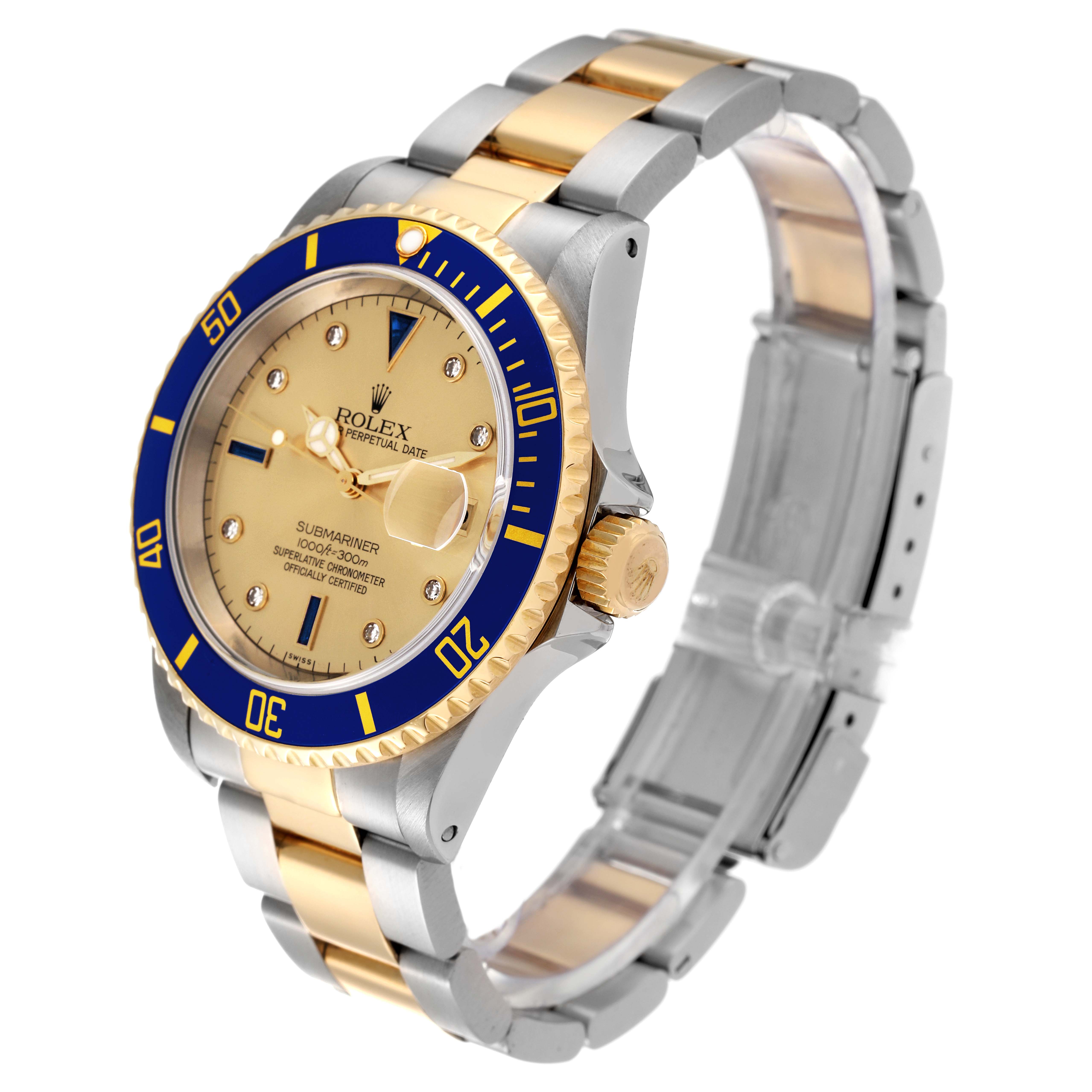 The image shows a Rolex Submariner 16613 Men's Steel and Gold (two tone) Champagne Dial 16613 Men's Steel and Gold (two tone) Champagne Dial watch from an angled side view, highlighting its gold and blue bezel, dial, and two-tone metal bracelet.