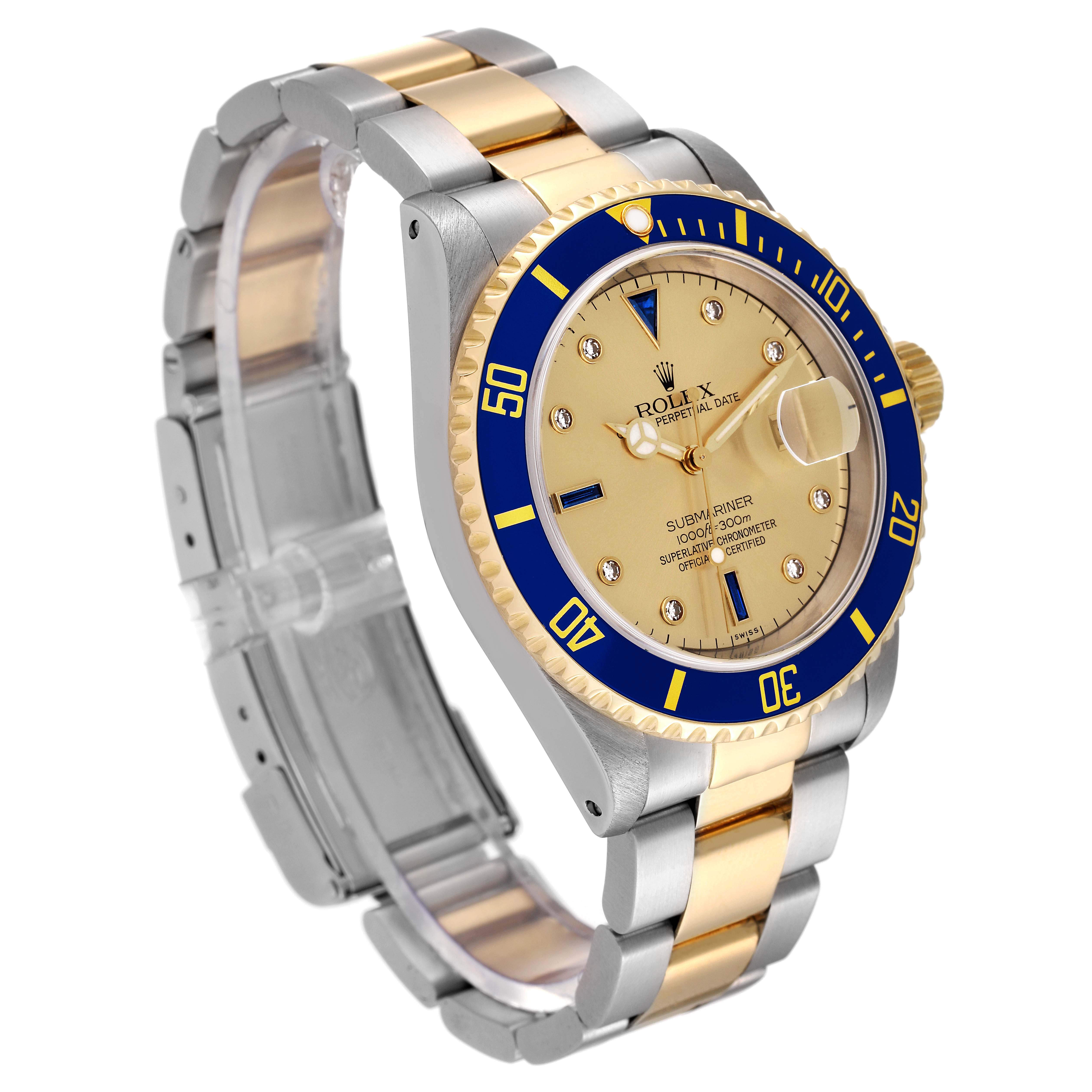 The image shows a Rolex Submariner 16613 Men's Steel and Gold (two tone) Champagne Dial 16613 Men's Steel and Gold (two tone) Champagne Dial watch from a 3/4 angle, featuring its bezel, dial, hands, bracelet, and crown.