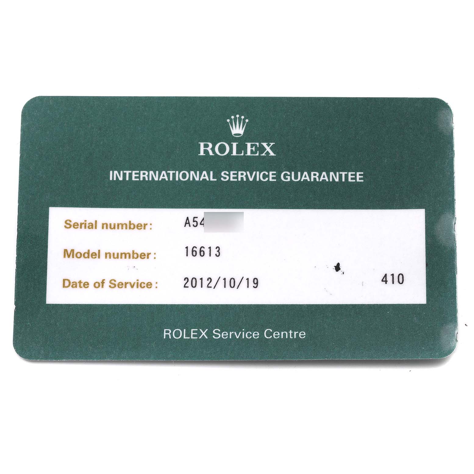 The image shows a Rolex International Service Guarantee card for a Rolex Submariner 16613 Men's Steel and Gold (two tone) Champagne Dial 16613 Men's Steel and Gold (two tone) Champagne Dial model 16613.