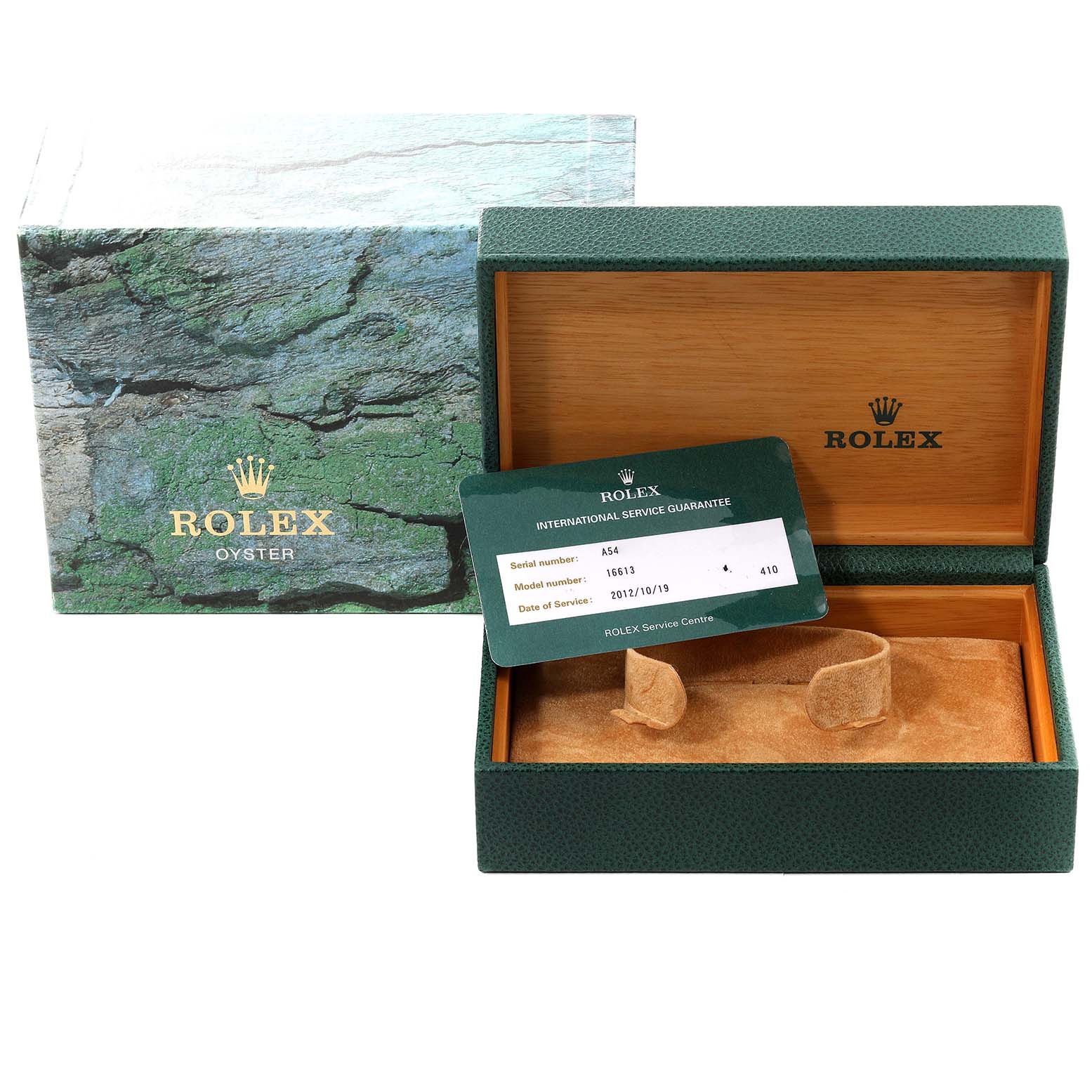 The image shows a Rolex Submariner 16613 Men's Steel and Gold (two tone) Champagne Dial 16613 Men's Steel and Gold (two tone) Champagne Dial watch box, inner cushion, service guarantee card, and outer box from a front angle.