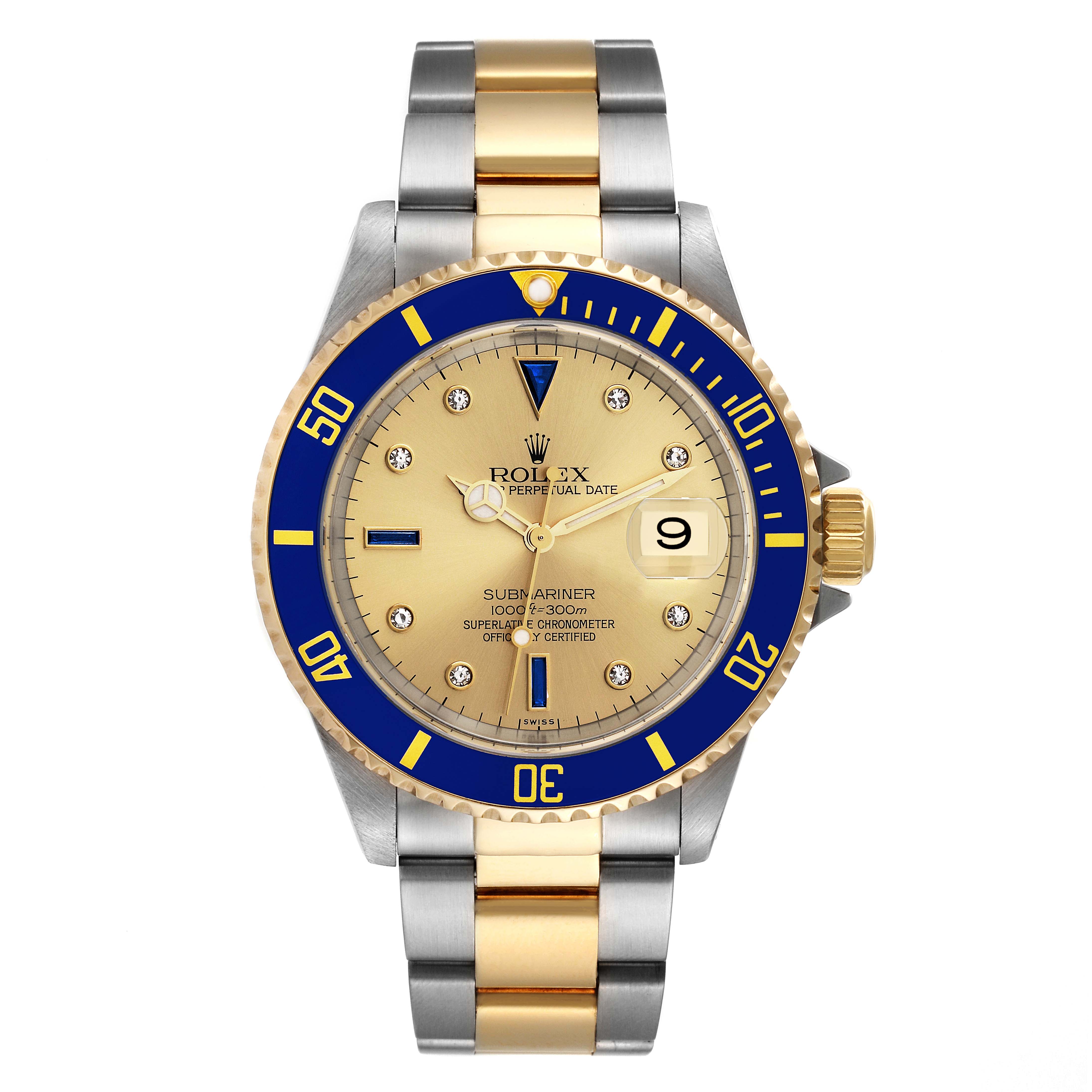 This image shows a front view of a Rolex Submariner 16613 Men's Steel and Gold (two tone) Champagne Dial 16613 Men's Steel and Gold (two tone) Champagne Dial watch, highlighting its two-tone bracelet and blue bezel.