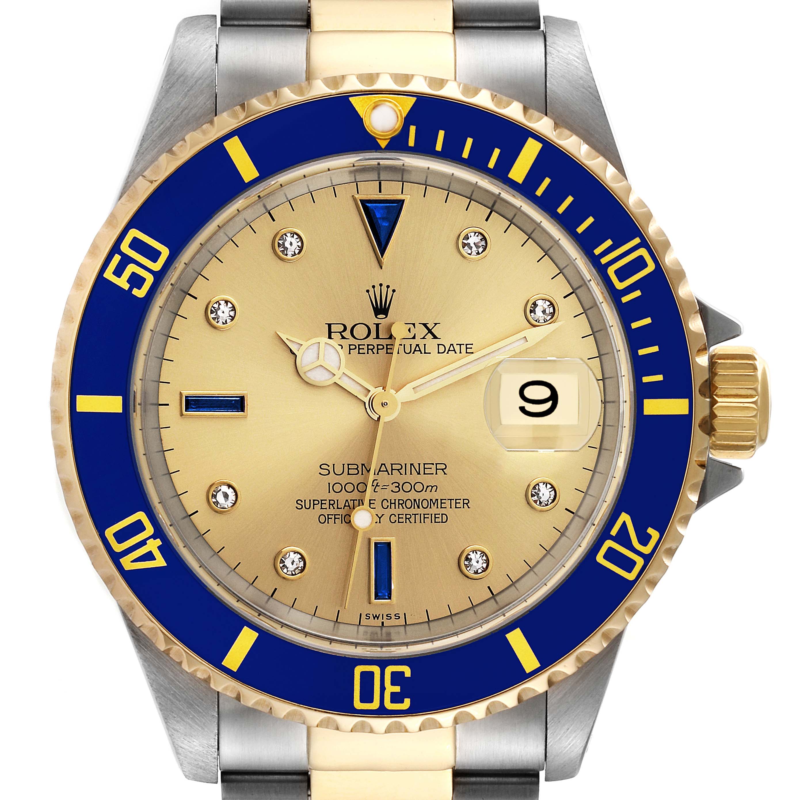 This image shows a Rolex Submariner 16613 Men's Steel and Gold (two tone) Champagne Dial 16613 Men's Steel and Gold (two tone) Champagne Dial watch from the front, highlighting the bezel, dial, hands, and part of the bracelet.