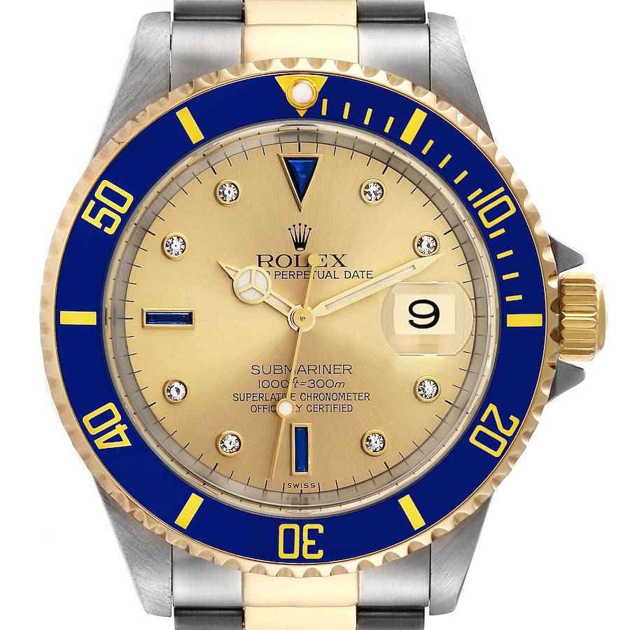 Rolex Submariner Steel Yellow Gold Diamond Sapphire Serti Dial Mens Watch 16613 Box Service Card SwissWatchExpo
