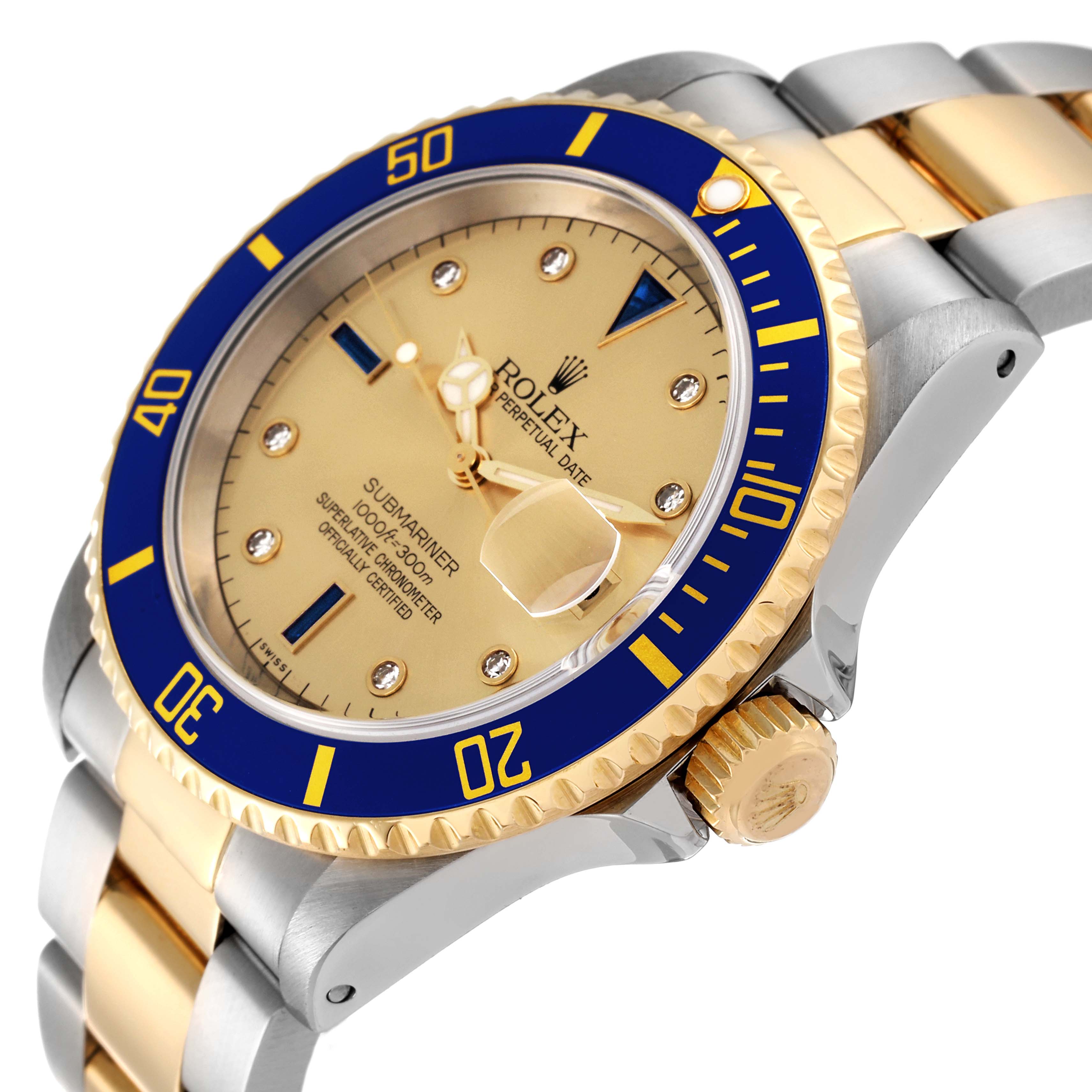 The Rolex Submariner 16613 Men's Steel and Gold (two tone) Champagne Dial 16613 Men's Steel and Gold (two tone) Champagne Dial watch is shown from a three-quarter angle, highlighting the bezel, dial, crown, and part of the band.