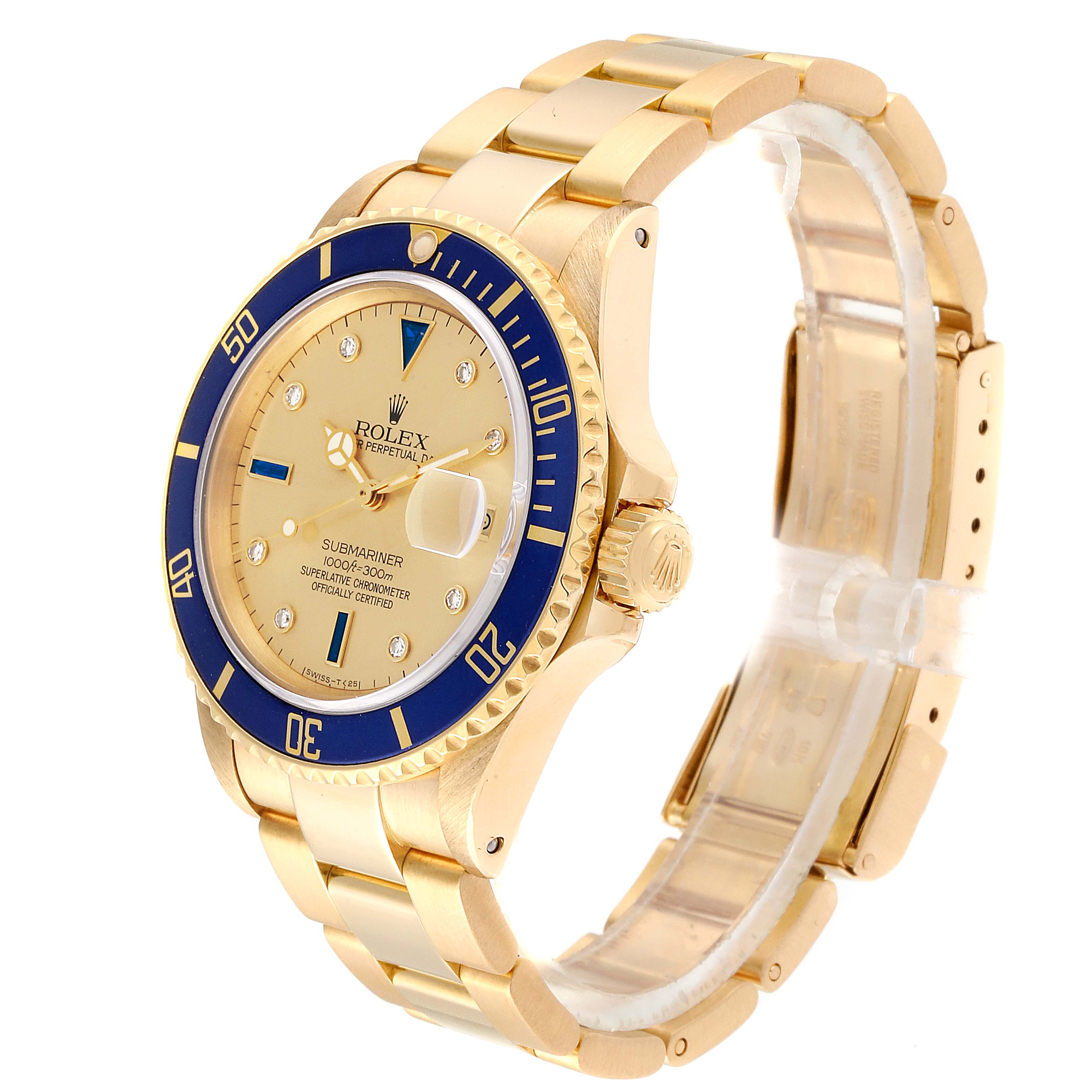 This image shows a side view of a Rolex Submariner 16808 Men's Yellow Gold Champagne Dial 16808 Men's Yellow Gold Champagne Dial watch, highlighting its gold band, blue bezel, and golden dial.