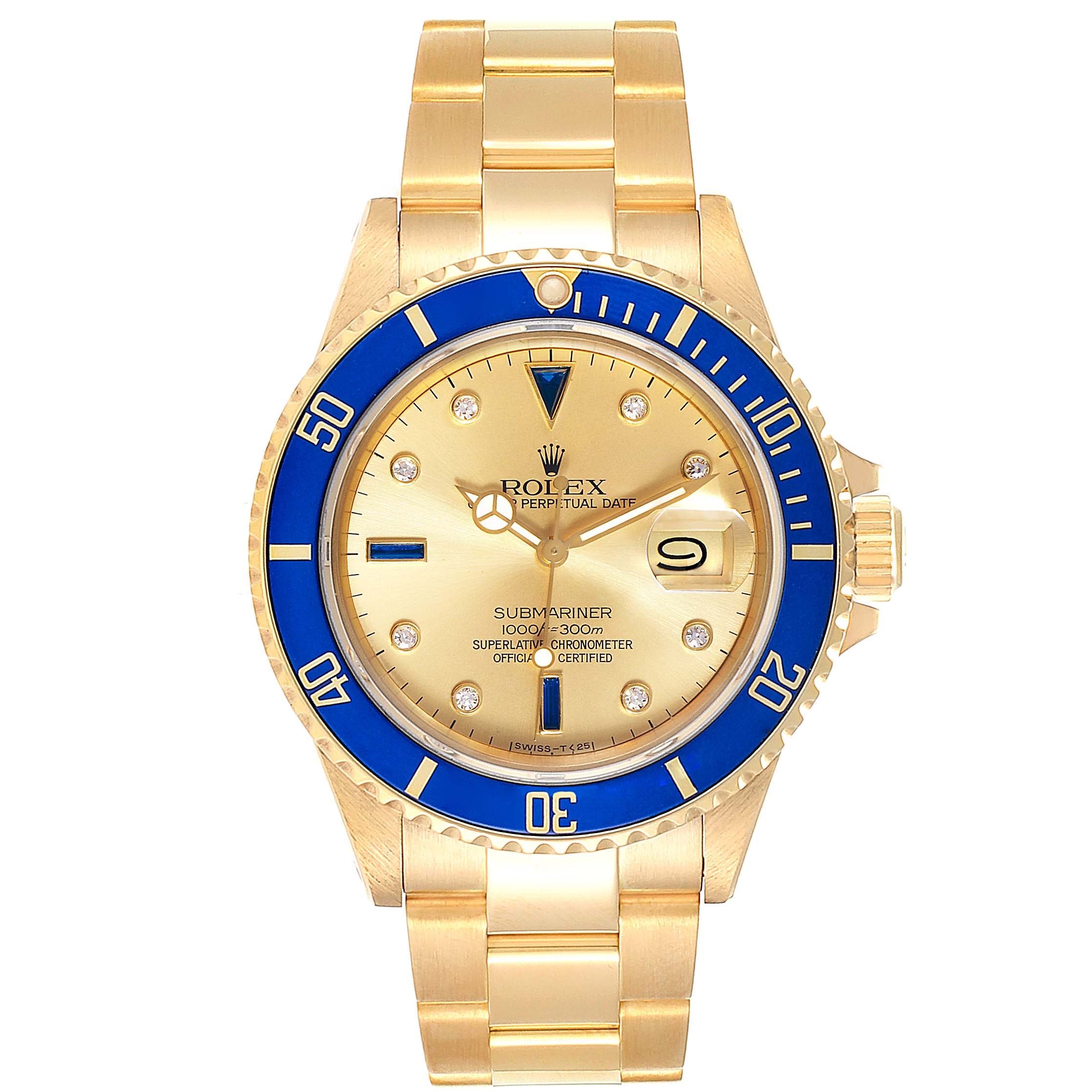 This image shows a front view of a Rolex Submariner 16808 Men's Yellow Gold Champagne Dial 16808 Men's Yellow Gold Champagne Dial watch showcasing its golden dial, blue bezel, and bracelet.
