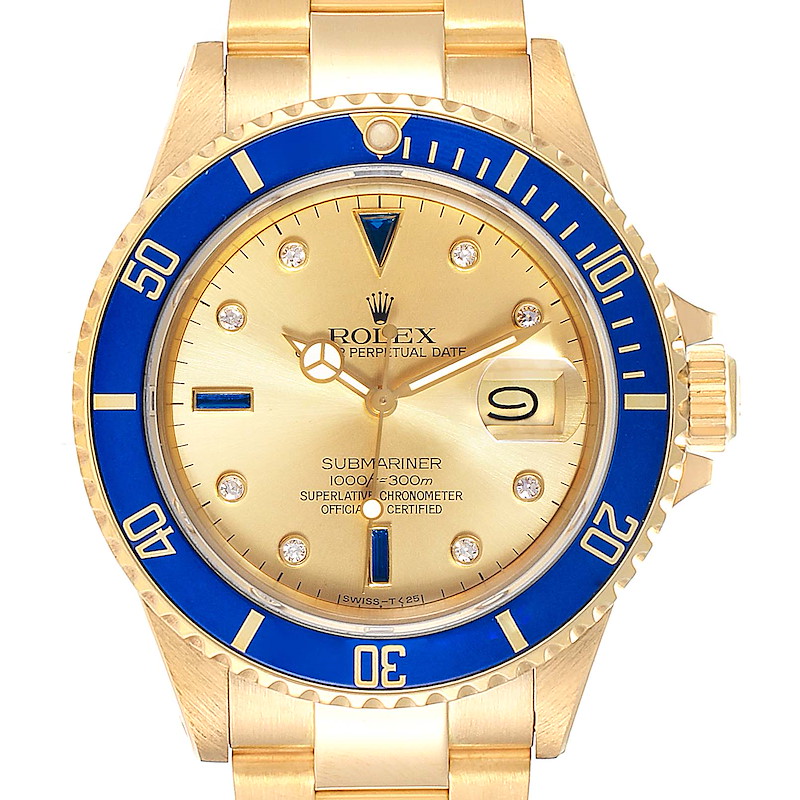 Rolex Submariner Yellow Gold Diamond Sapphire Serti Dial Watch 16808 SwissWatchExpo