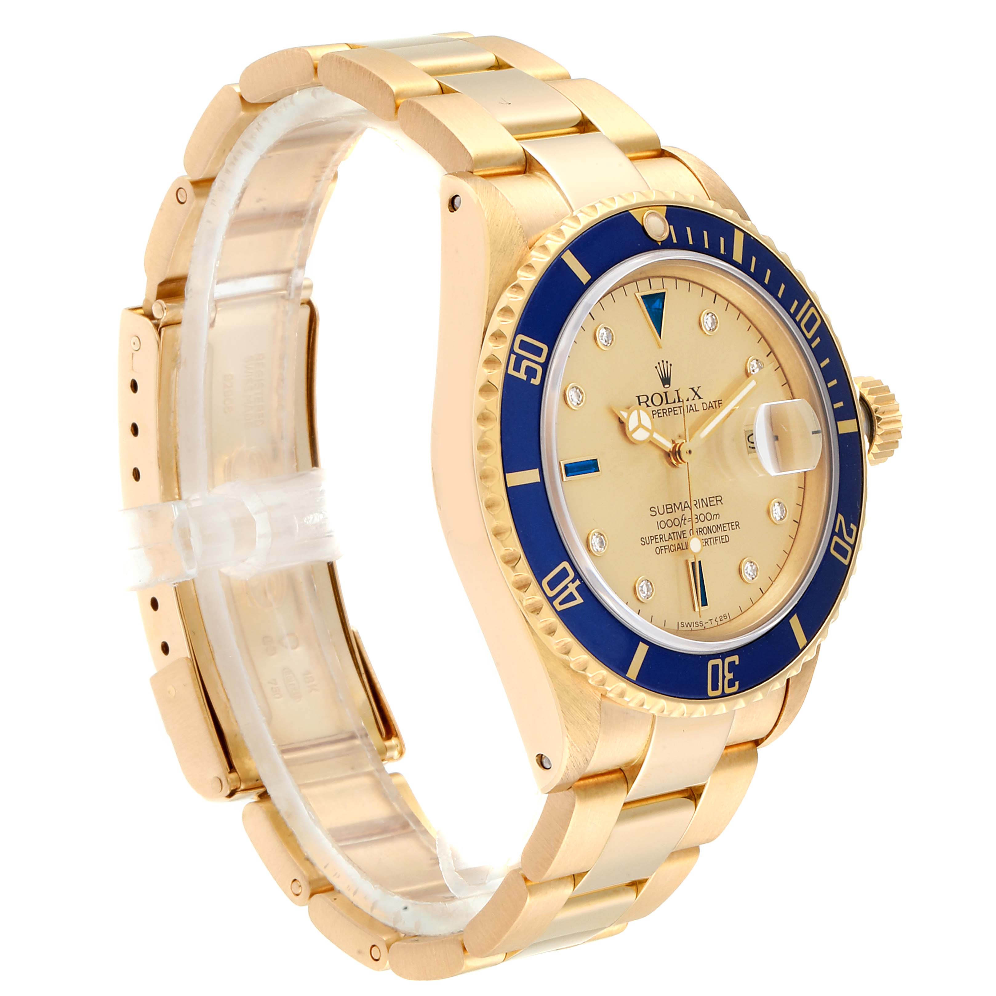 The image shows a side angle of a Rolex Submariner 16808 Men's Yellow Gold Champagne Dial 16808 Men's Yellow Gold Champagne Dial, highlighting its gold case, blue bezel, dial, and bracelet.