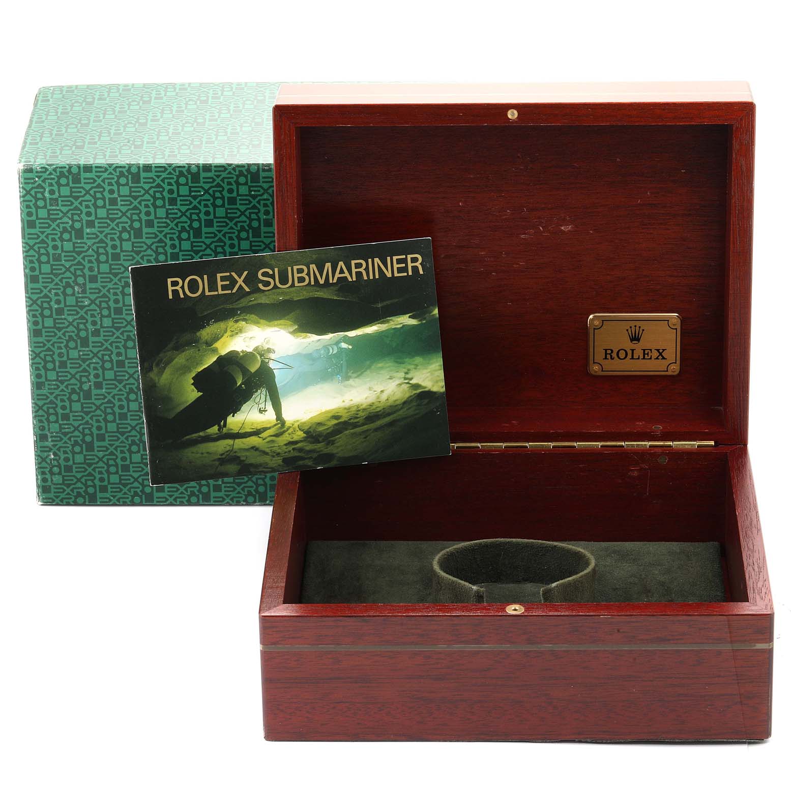 The image shows the opened box and instruction booklet for the Rolex Submariner 16808 Men's Yellow Gold Champagne Dial 16808 Men's Yellow Gold Champagne Dial watch.