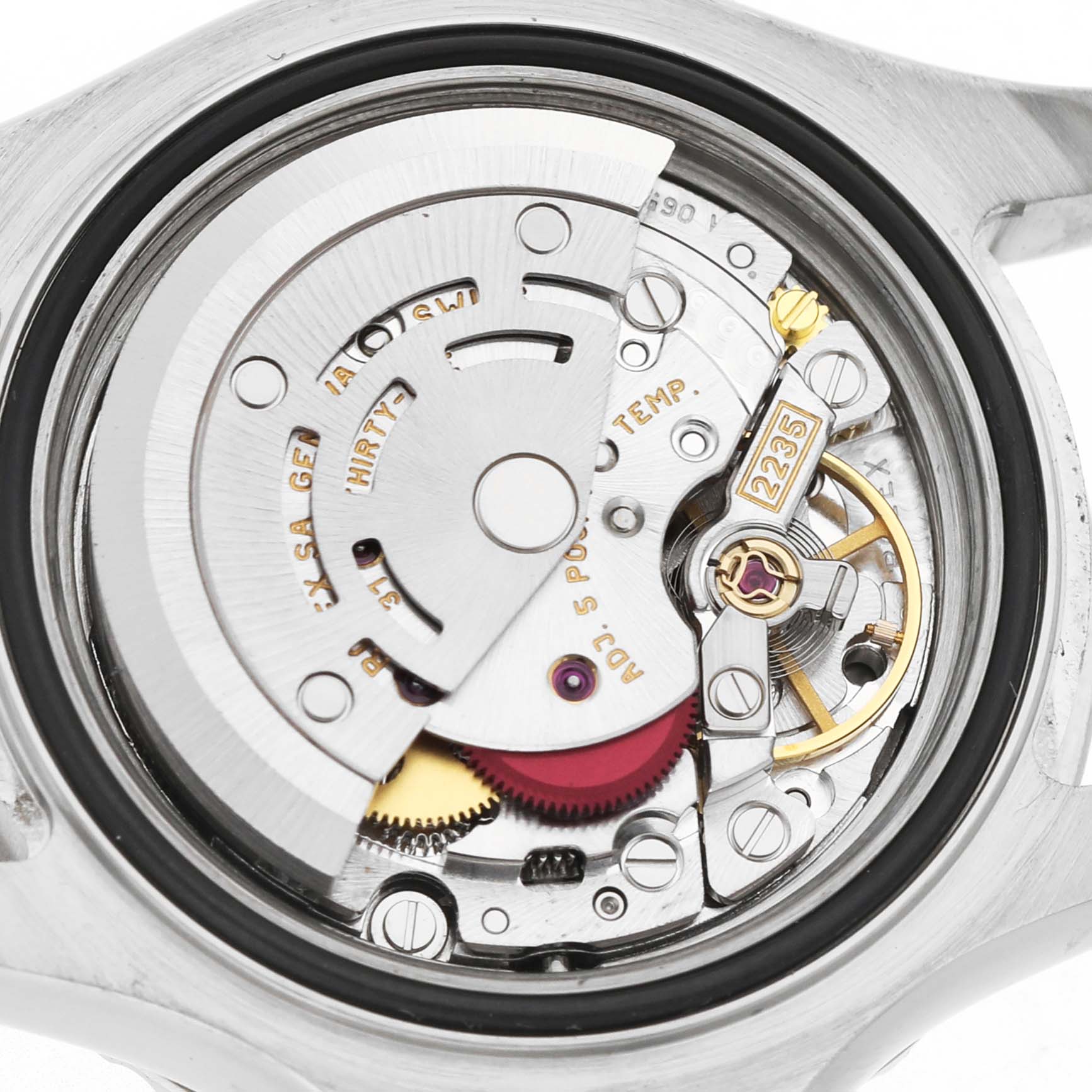 The image shows the movement mechanism of a Rolex Yacht-Master 169622 Women's Stainless Steel Silver Dial watch from the back, highlighting the rotor and gears.