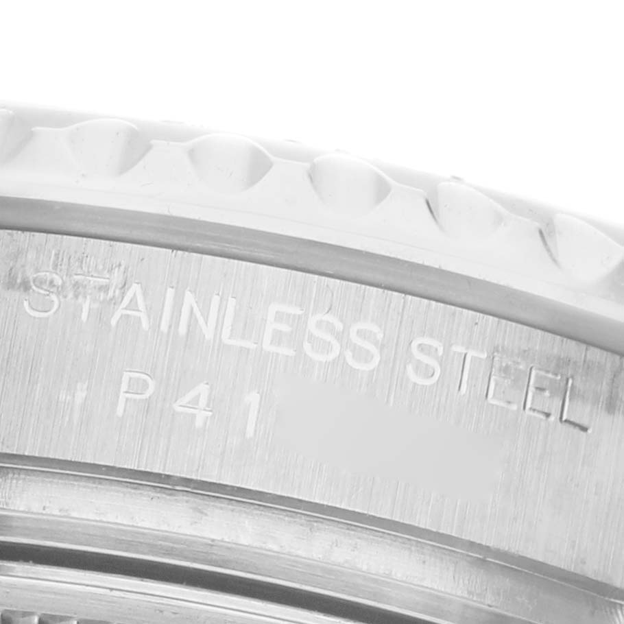 The image shows a close-up of the case side with engravings on the Rolex Yacht-Master 169622 Women's Stainless Steel Silver Dial watch, highlighting "Stainless Steel P41".