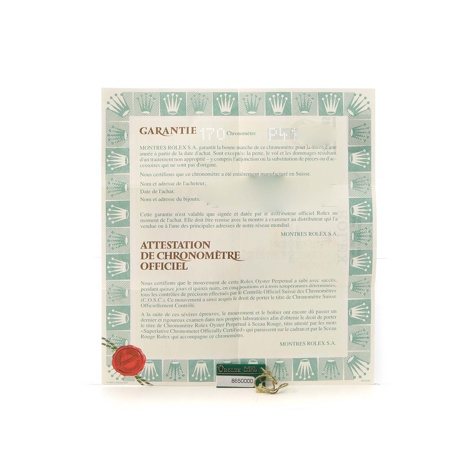 The image displays a warranty certificate for a Rolex Yacht-Master 169622 Women's Stainless Steel Silver Dial watch, showing text and logos.