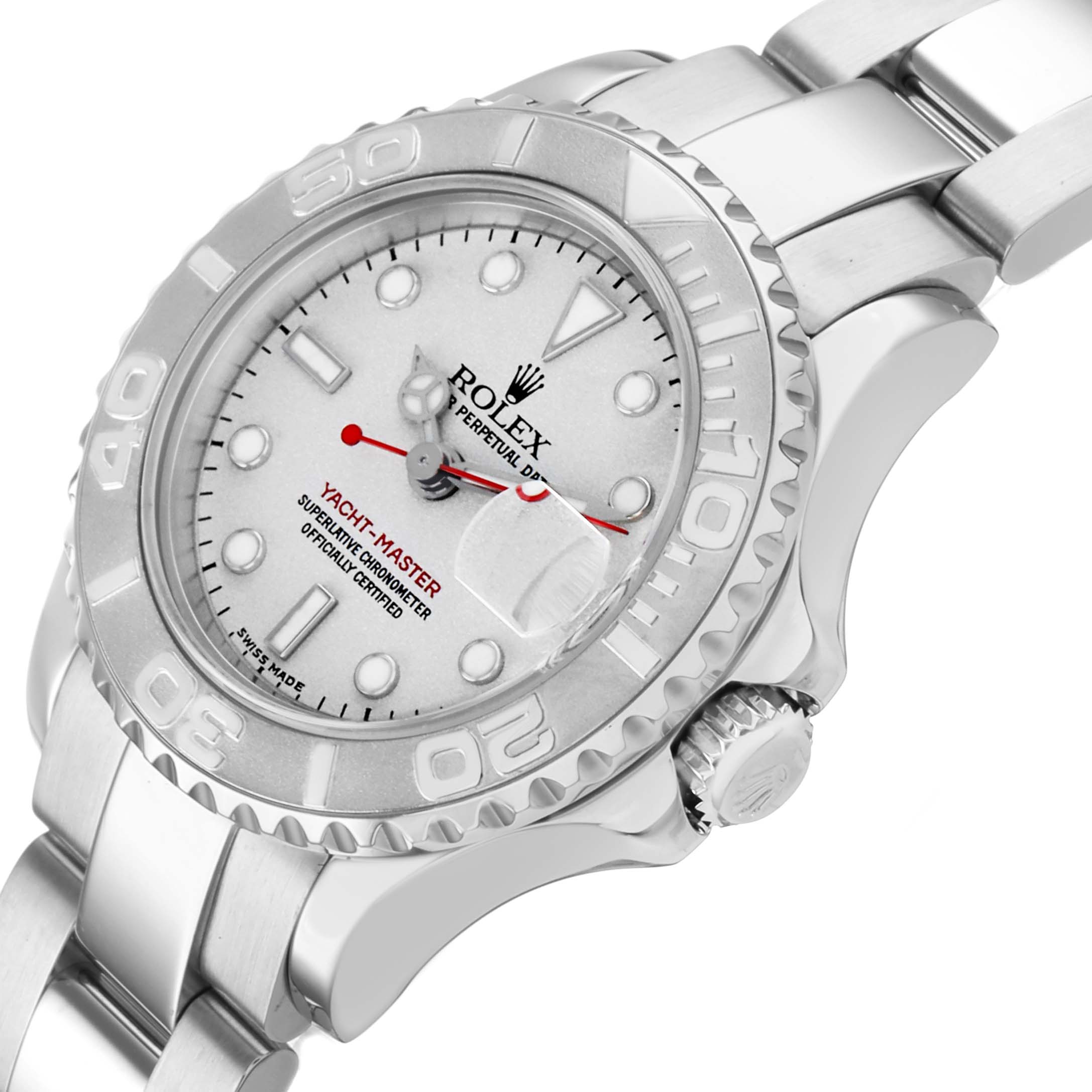 The Rolex Yacht-Master 169622 Women's Stainless Steel Silver Dial watch is shown at a slight angle, displaying the face, bezel, crown, and bracelet.