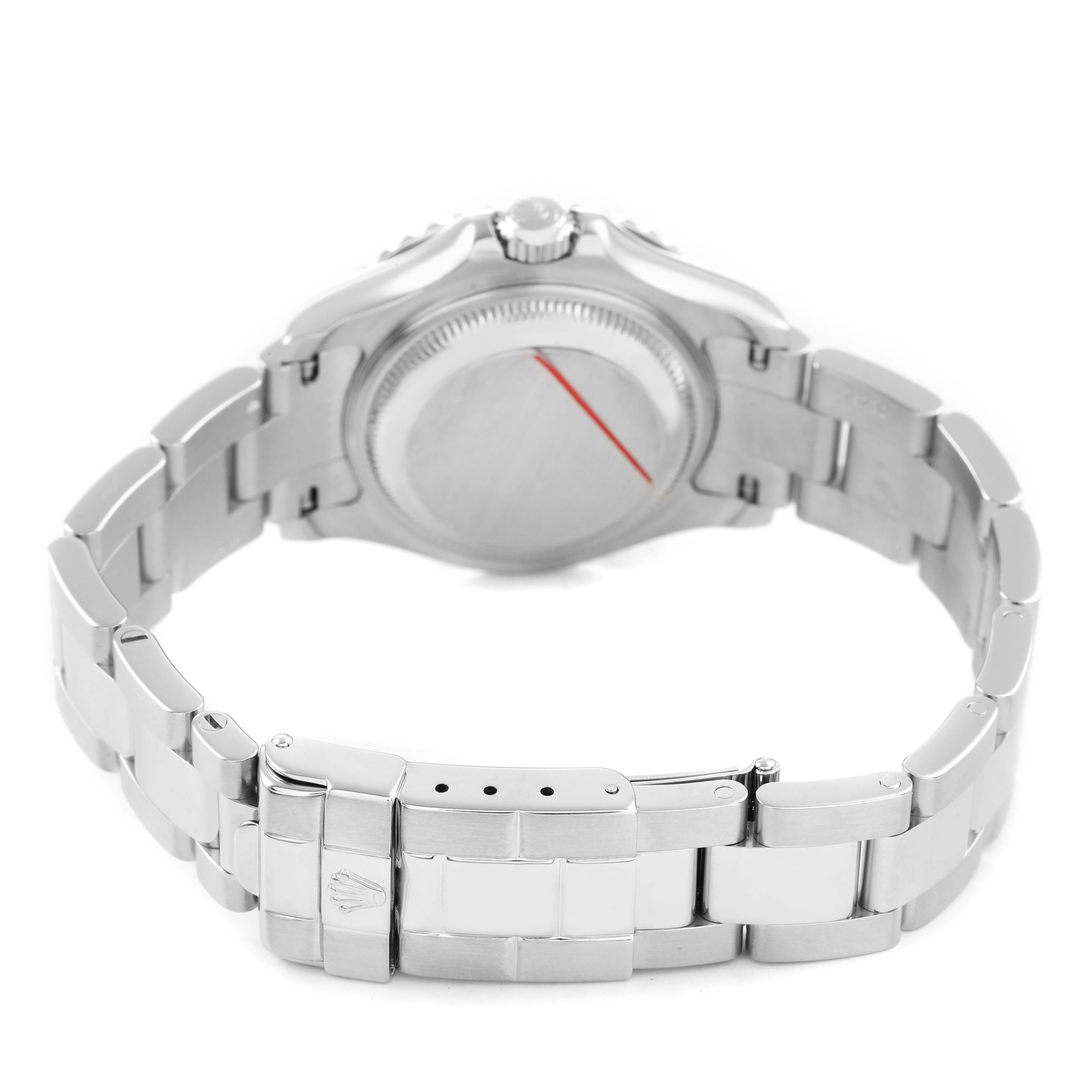 The Rolex Yacht-Master 169622 Women's Stainless Steel Silver Dial watch is shown from the back, highlighting the bracelet and clasp.