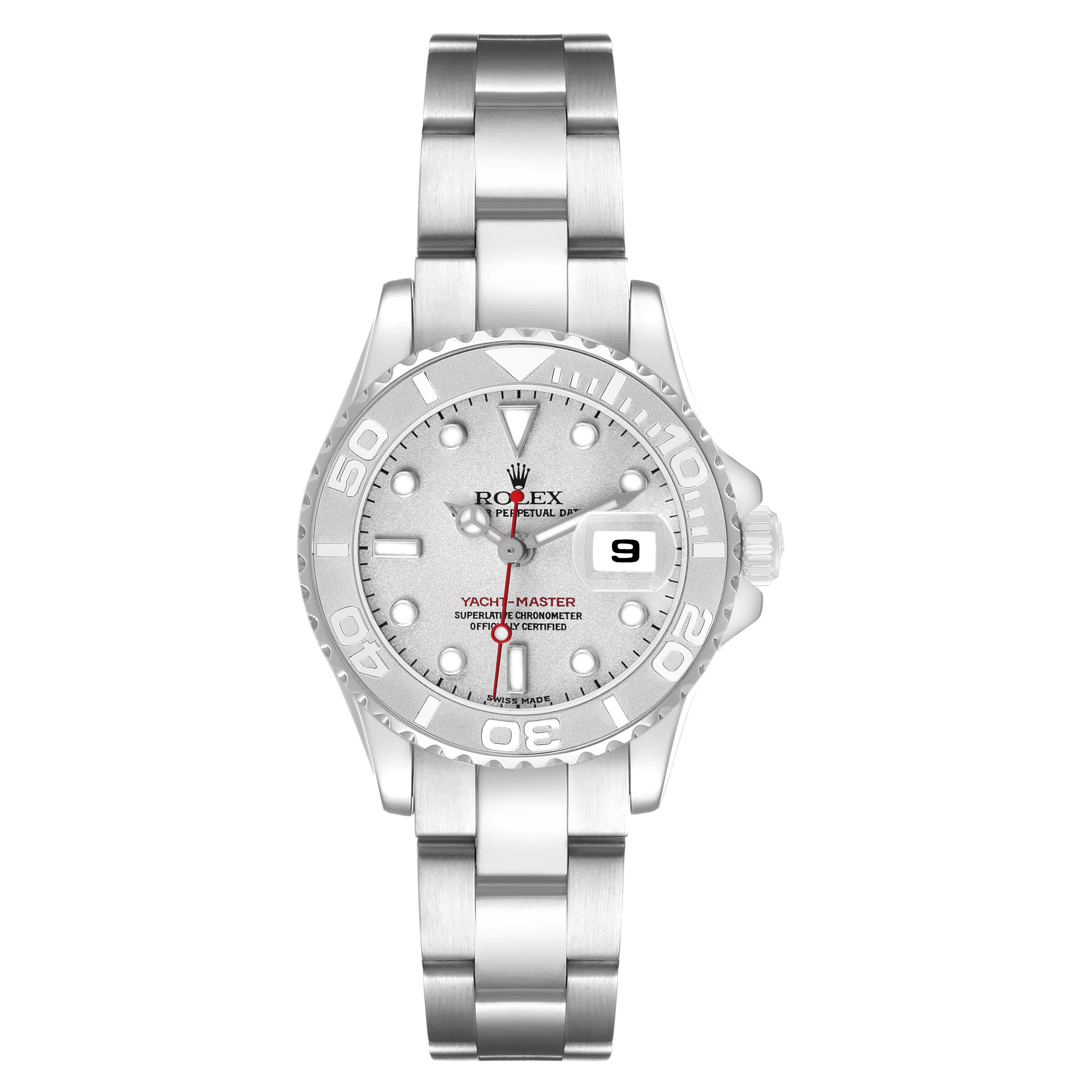 The Rolex Yacht-Master 169622 Women's Stainless Steel Silver Dial watch is shown from a straight-on angle, displaying its face, bezel, and bracelet.