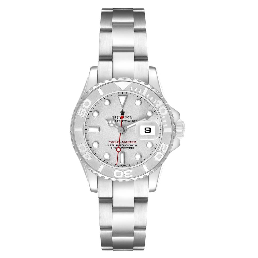 The Rolex Yacht-Master 169622 Women's Stainless Steel Silver Dial watch is shown from a straight-on angle, displaying its face, bezel, and bracelet.