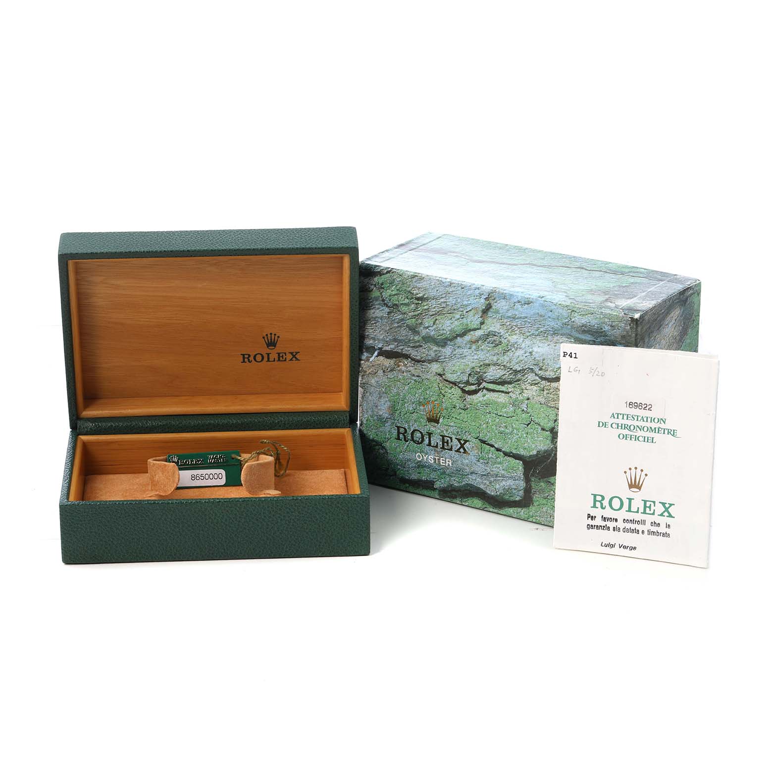 The image shows a Rolex Yacht-Master 169622 Women's Stainless Steel Silver Dial watch box, outer box, and documentation laid out from a frontal angle.
