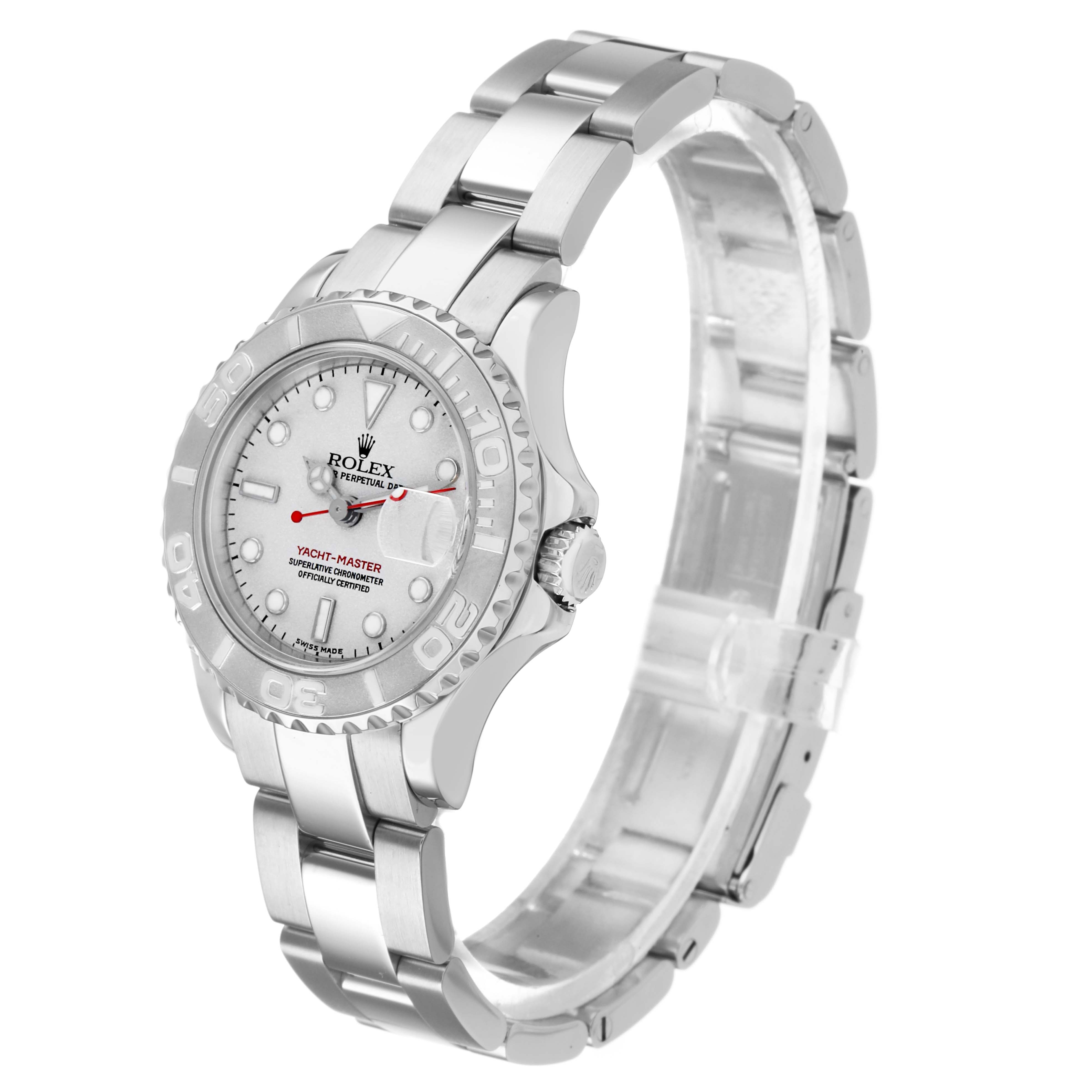 The Rolex Yacht-Master 169622 Women's Stainless Steel Silver Dial watch is shown at a three-quarter angle, displaying the dial, bezel, crown, and bracelet.