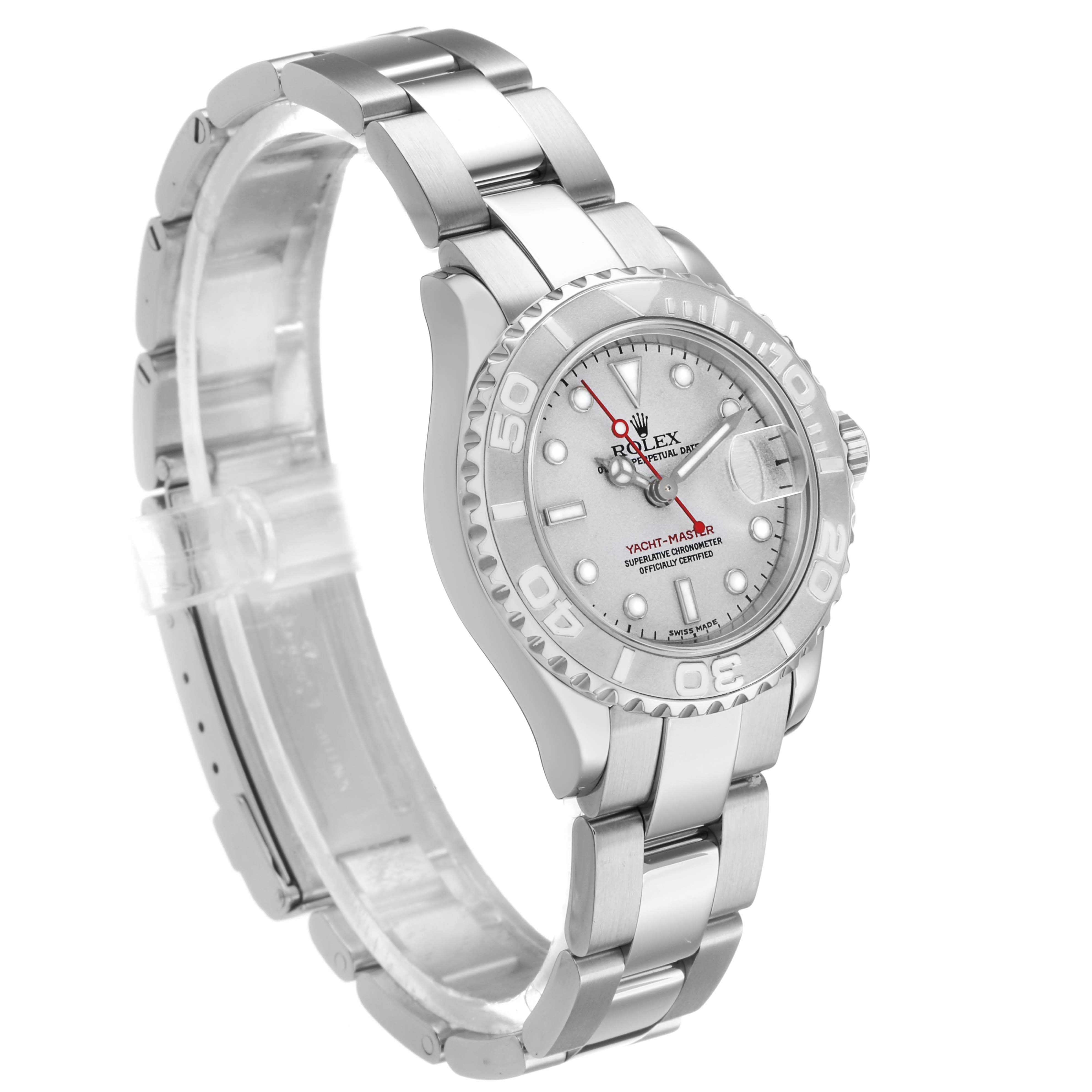 The Rolex Yacht-Master 169622 Women's Stainless Steel Silver Dial watch is shown at a three-quarter angle, highlighting the dial, bezel, and bracelet.