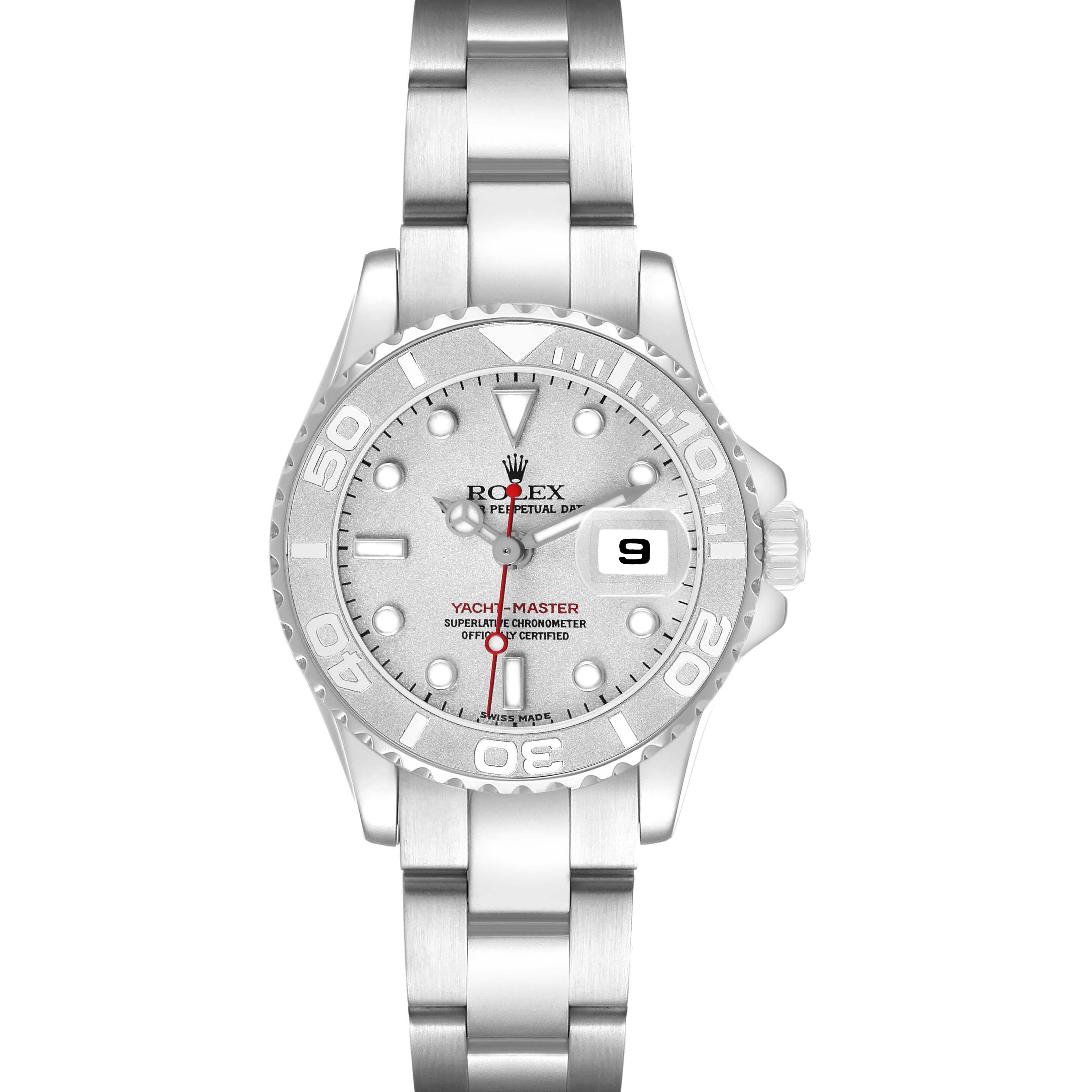 The Rolex Yacht-Master 169622 Women's Stainless Steel Silver Dial watch is shown from a front angle, displaying its dial, bezel, and bracelet.