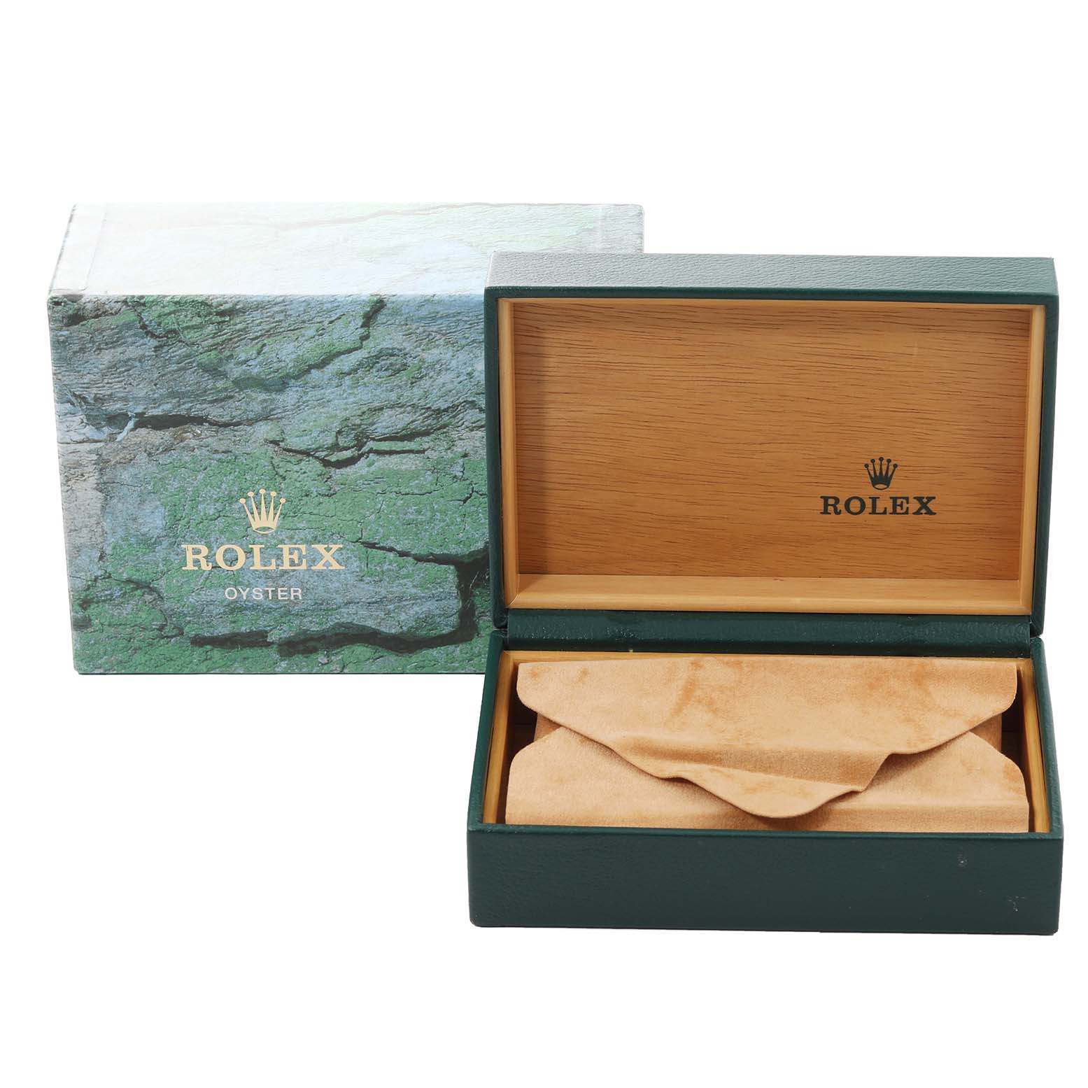 The image shows an open Rolex Yacht-Master 68623 Men's Steel and Gold (two tone) Blue Dial 68623 Men's Steel and Gold (two tone) Blue Dial watch box with leather lining, alongside its outer box with a green textured design.