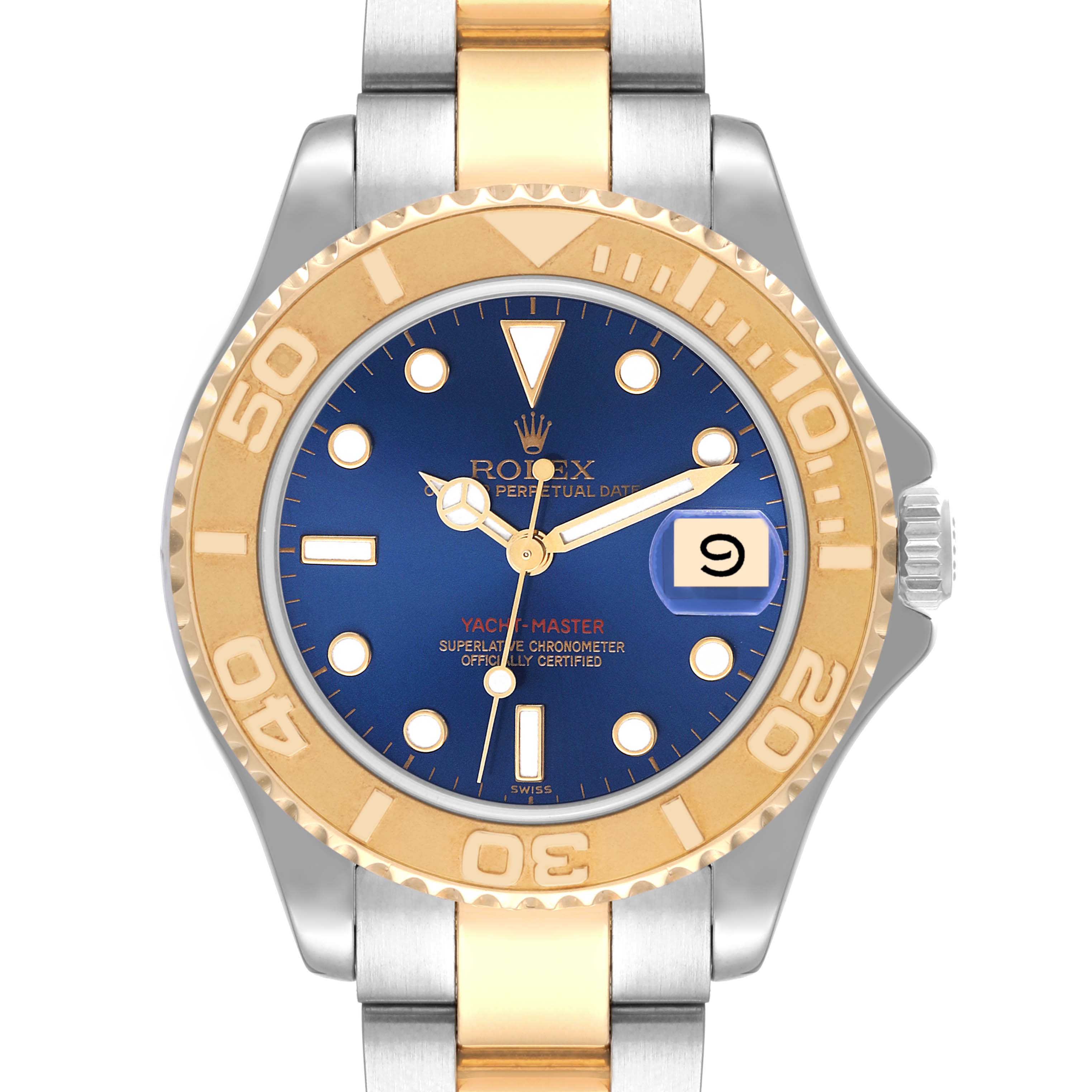 Front view of a Rolex Yacht-Master 68623 Men's Steel and Gold (two tone) Blue Dial 68623 Men's Steel and Gold (two tone) Blue Dial watch showing the bezel, dial, hands, date window, and part of the bracelet.