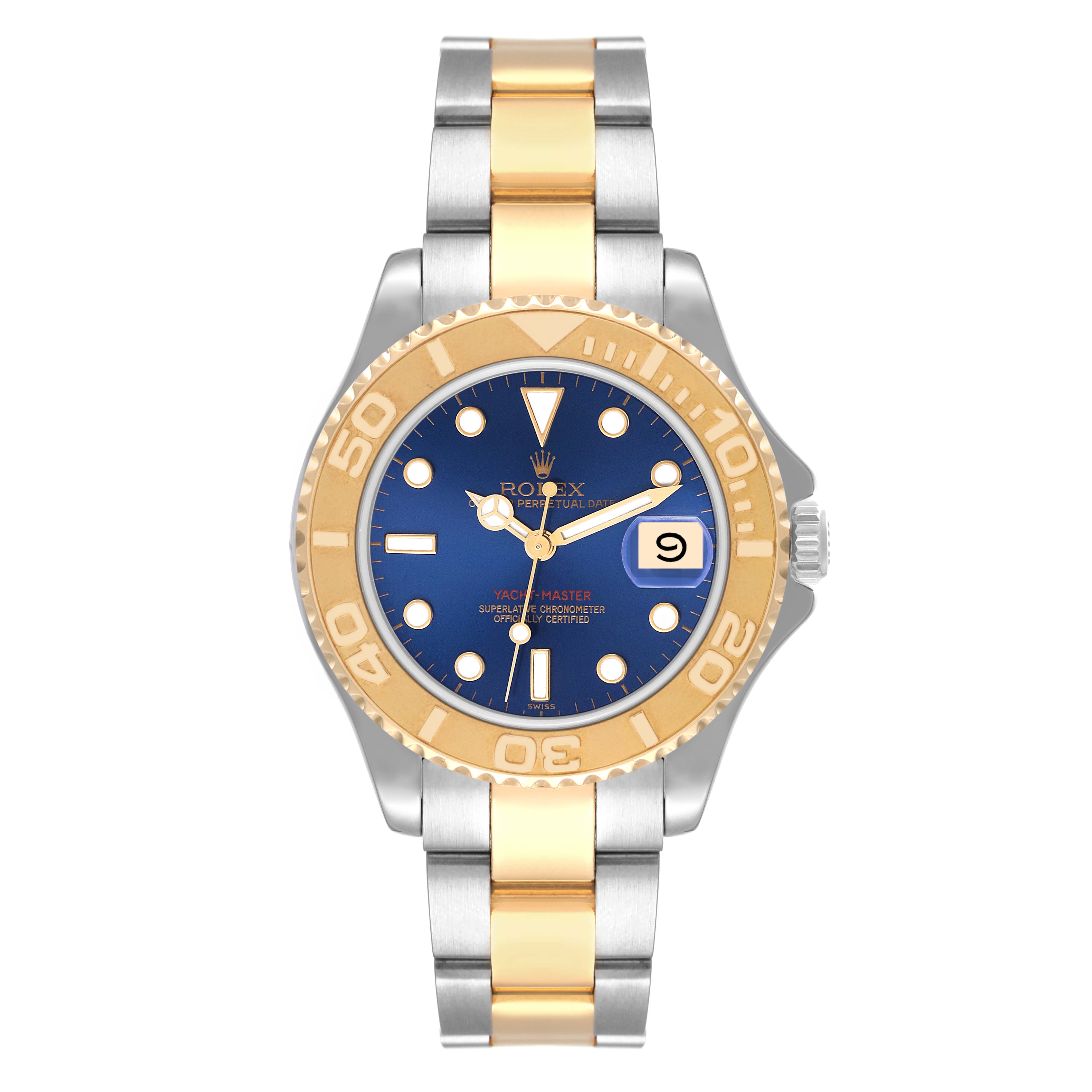 The image shows a front view of the Rolex Yacht-Master 68623 Men's Steel and Gold (two tone) Blue Dial 68623 Men's Steel and Gold (two tone) Blue Dial watch with a blue dial, gold bezel, and a two-tone bracelet.