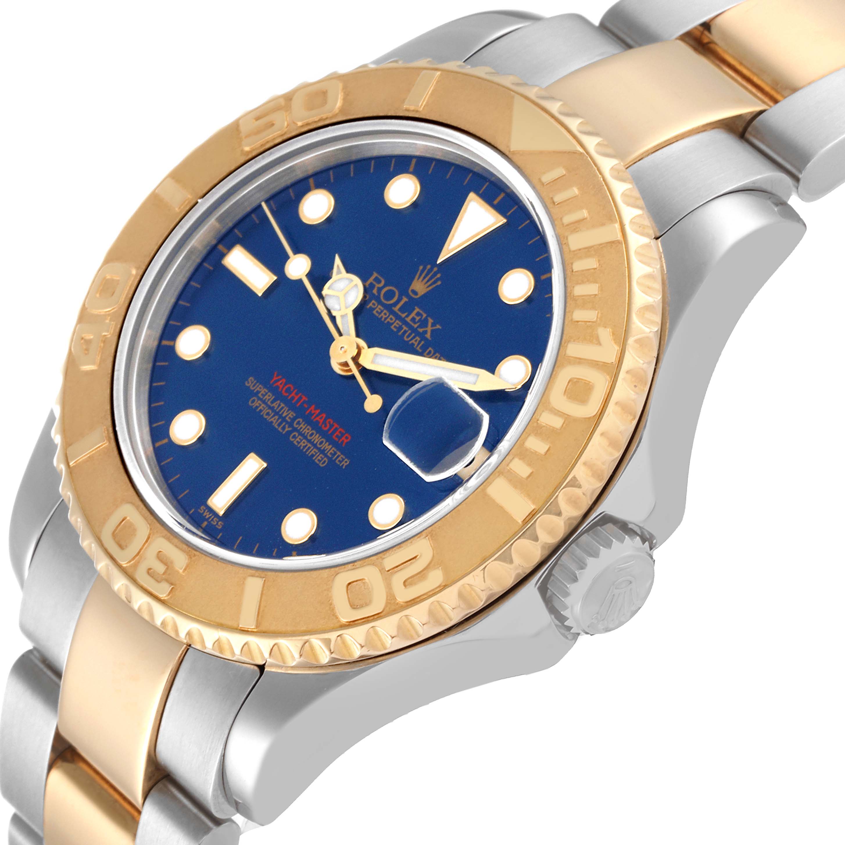The Rolex Yacht-Master 68623 Men's Steel and Gold (two tone) Blue Dial 68623 Men's Steel and Gold (two tone) Blue Dial watch is shown at an oblique angle, highlighting its blue dial, gold bezel, and two-tone bracelet.