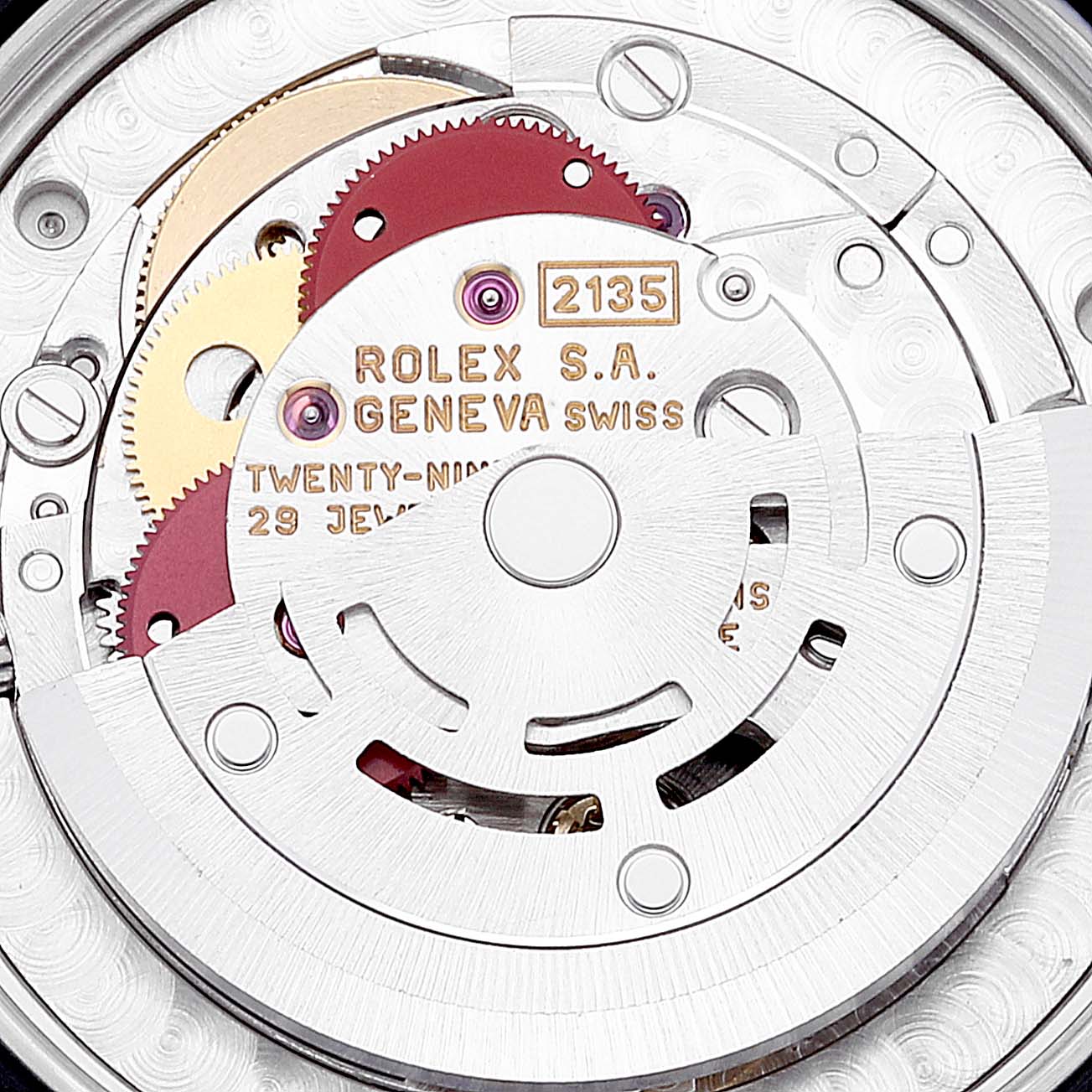 This image shows the intricate internal movement of a Rolex Yacht-Master 68623 Men's Steel and Gold (two tone) Blue Dial 68623 Men's Steel and Gold (two tone) Blue Dial watch, highlighting gears and mechanisms.