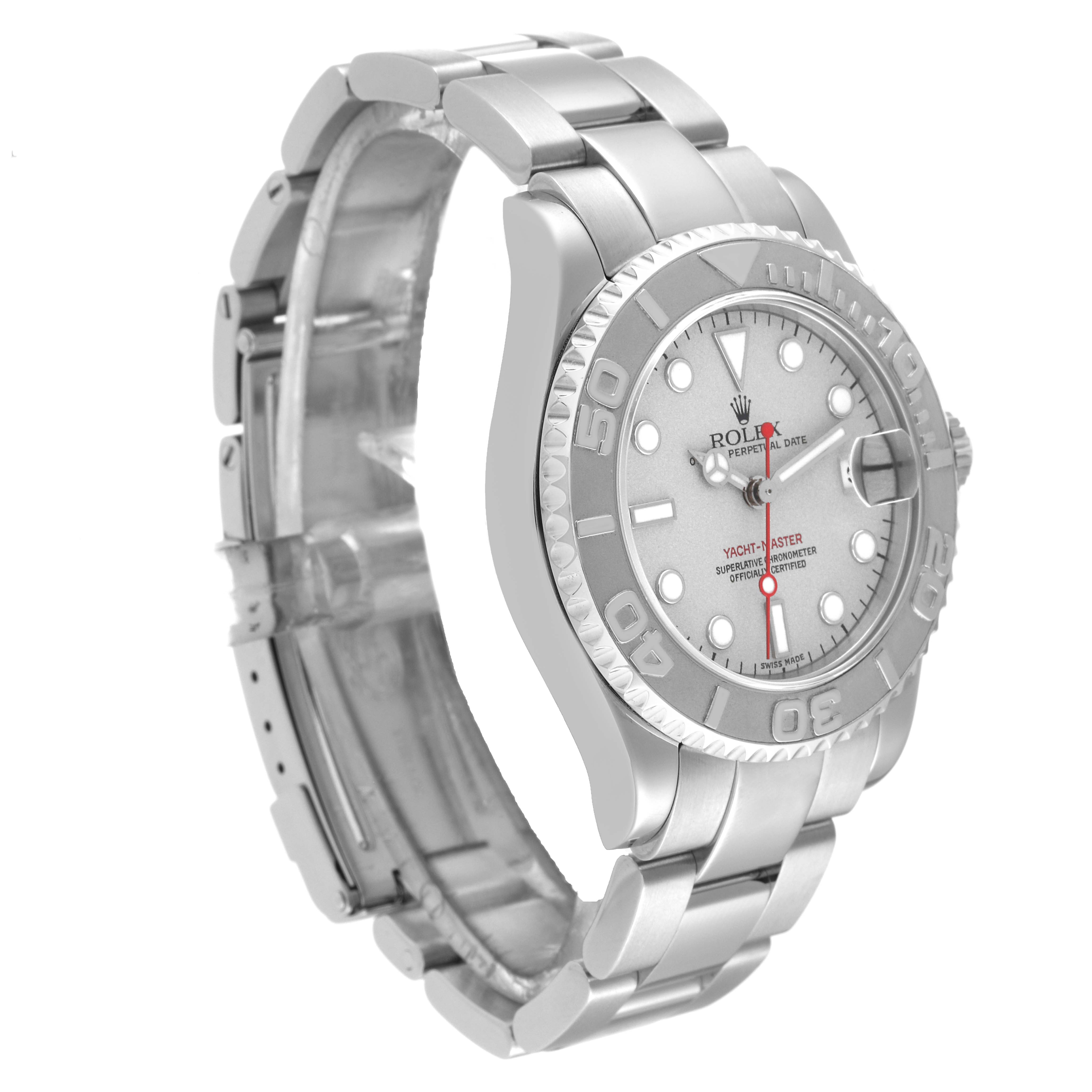 The Rolex Yacht-Master 168622 Men
s Stainless Steel Silver Dial 168622 Men
s Stainless Steel Silver Dial watch is shown at a slight angle highlighting the bezel, dial, and metal bracelet.