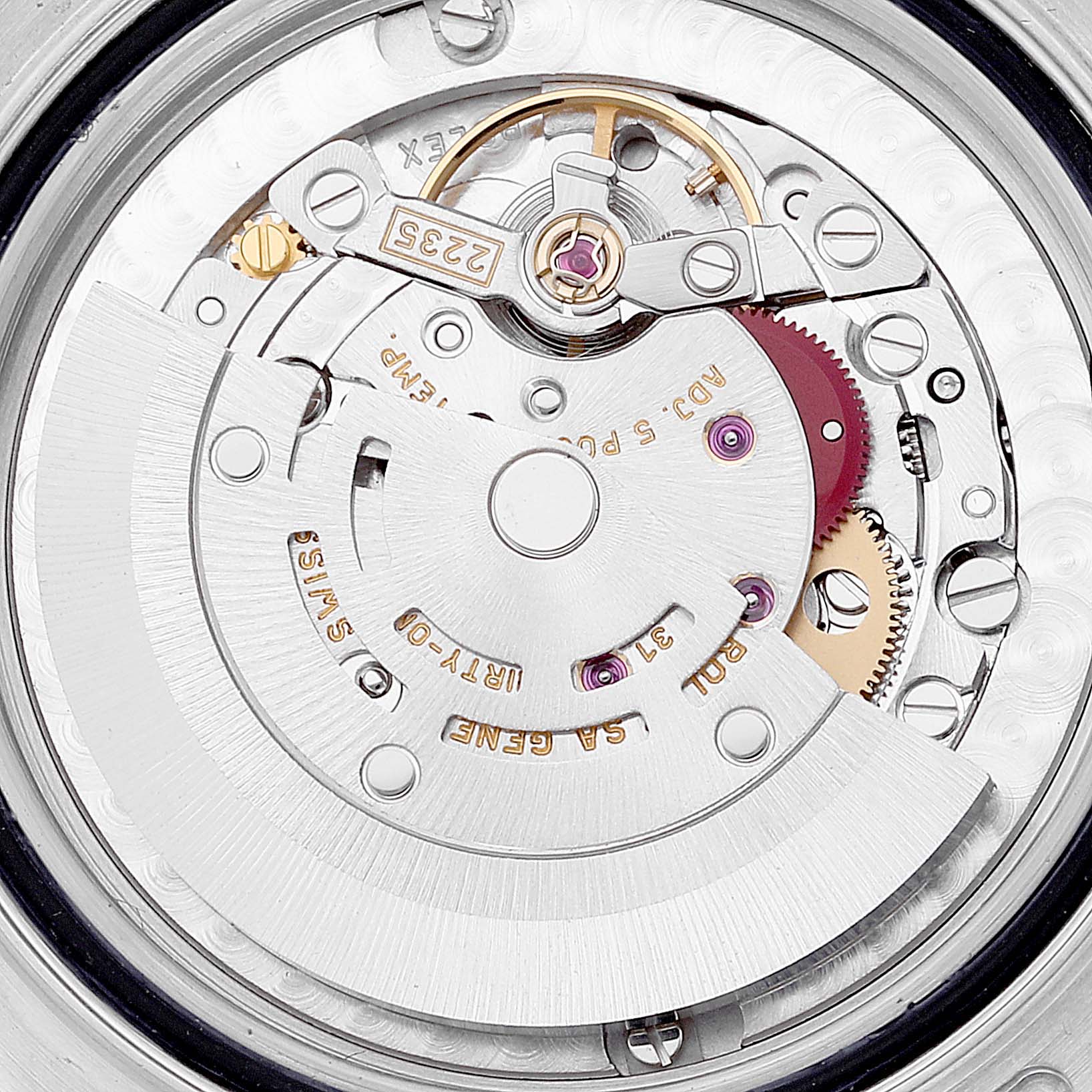 This image displays the Rolex Yacht-Master 168622 Men
s Stainless Steel Silver Dial 168622 Men
s Stainless Steel Silver Dial watch
s inner mechanical movement from a close-up angle.