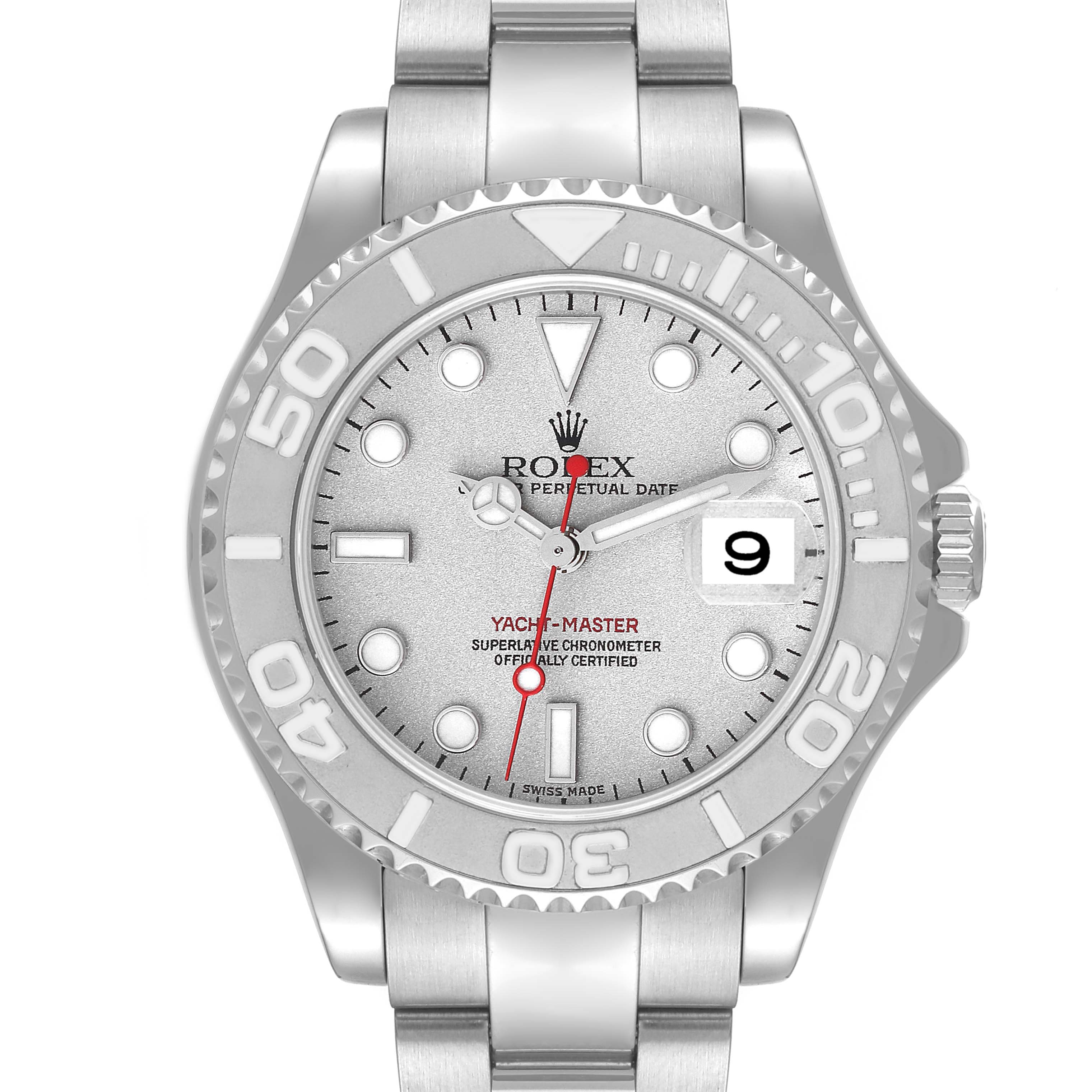 This is a straight-on view of the Rolex Yacht-Master 168622 Men
s Stainless Steel Silver Dial 168622 Men
s Stainless Steel Silver Dial, showing the face, bezel, and bracelet.