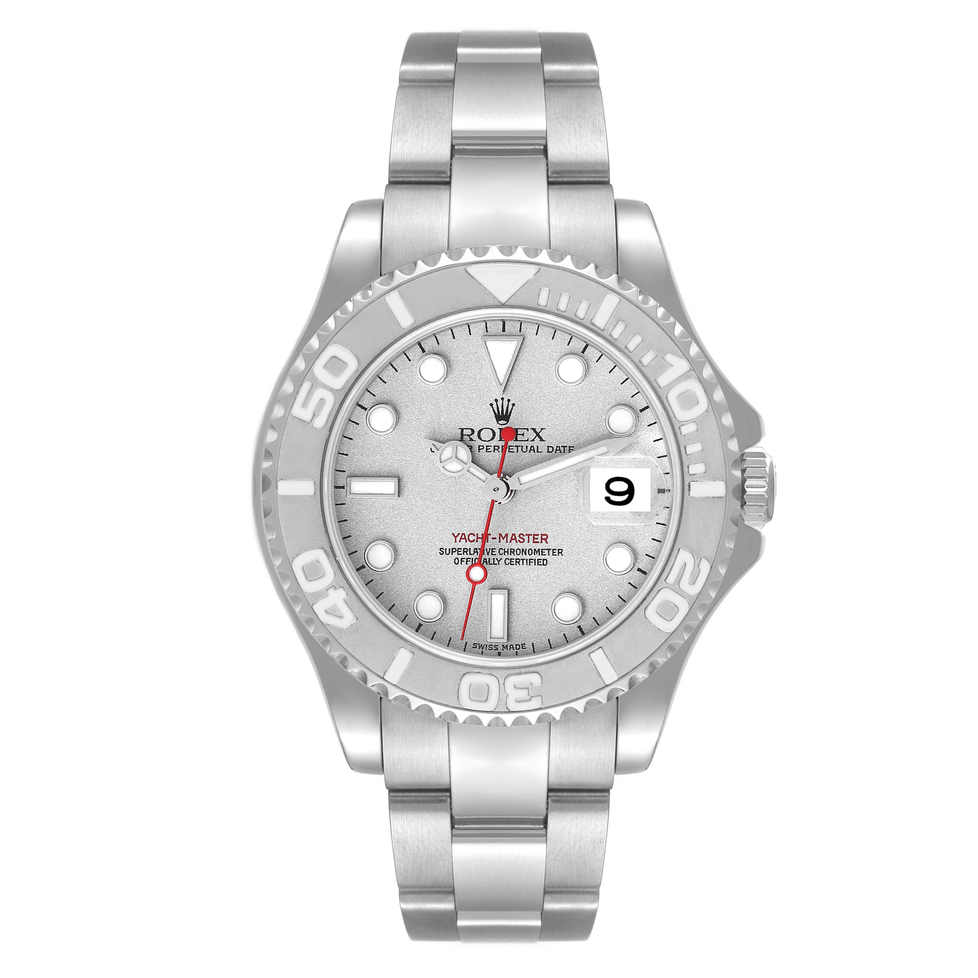 The image shows a Rolex Yacht-Master 168622 Men
s Stainless Steel Silver Dial 168622 Men
s Stainless Steel Silver Dial watch, front view, displaying the dial, bezel, crown, and stainless steel bracelet.