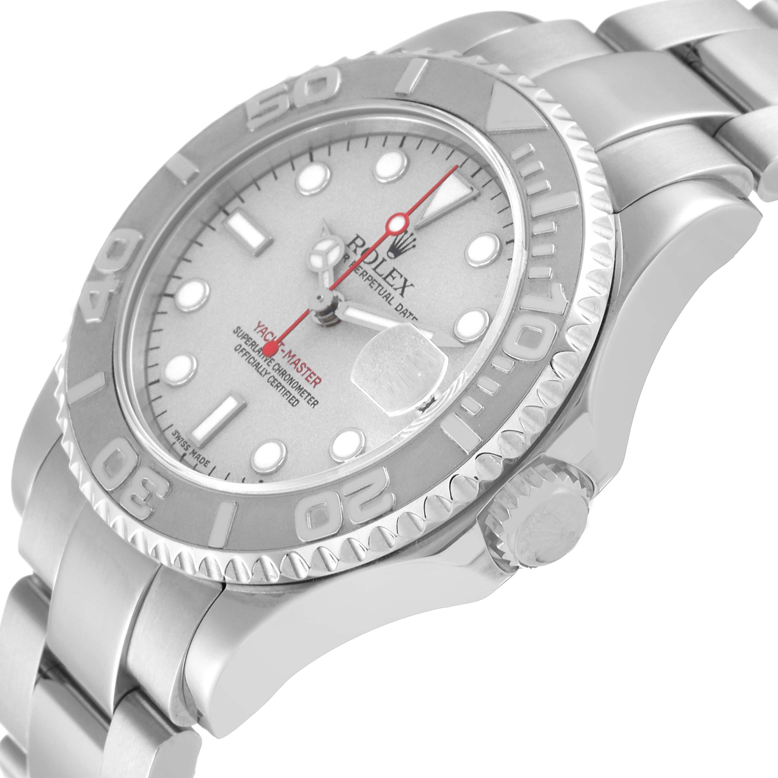The image shows a side angle featuring the crown, bezel, and face of the Rolex Yacht-Master 168622 Men
s Stainless Steel Silver Dial 168622 Men
s Stainless Steel Silver Dial watch.