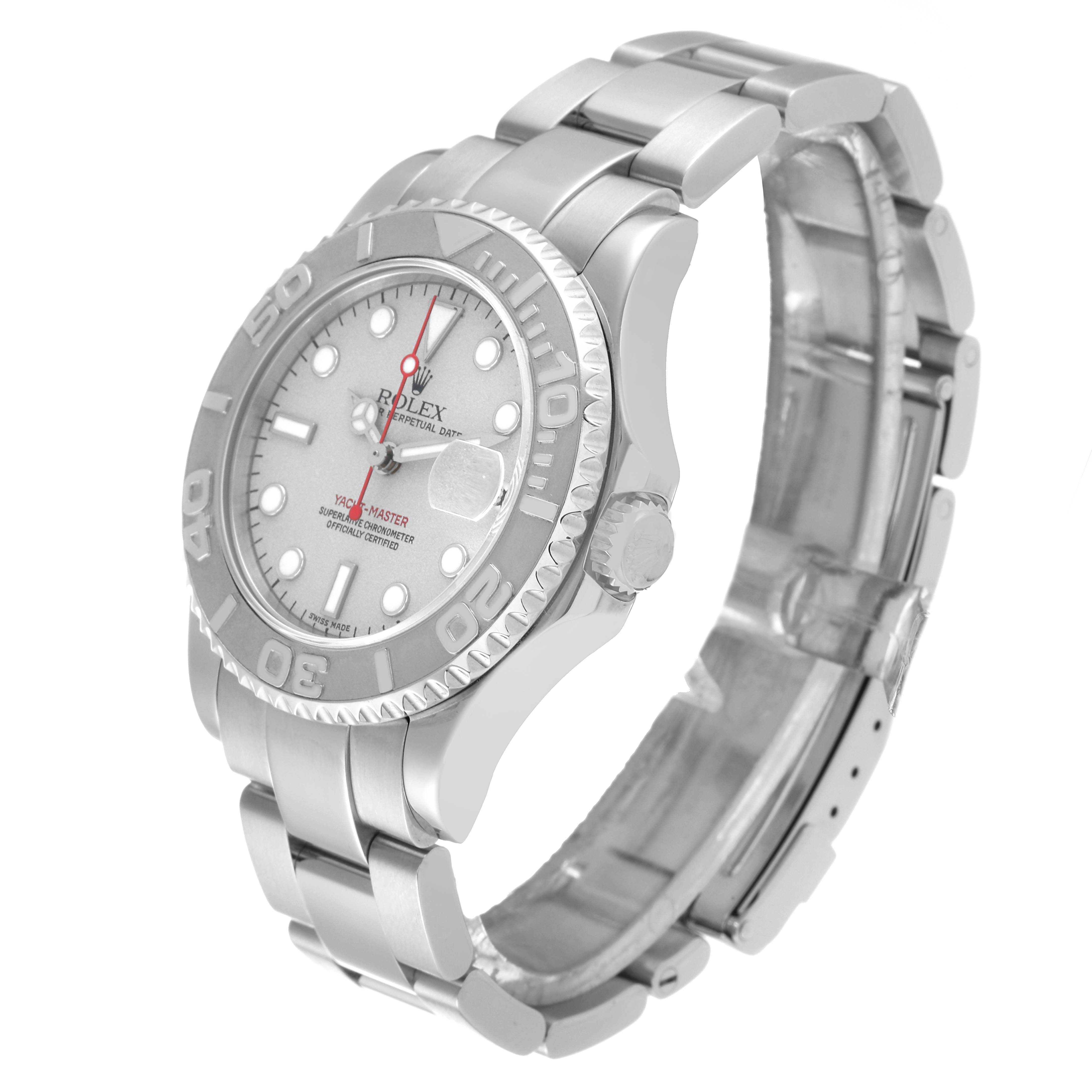 The Rolex Yacht-Master 168622 Men
s Stainless Steel Silver Dial 168622 Men
s Stainless Steel Silver Dial watch is shown from an angled front view, displaying its face, bezel, crown, and bracelet.