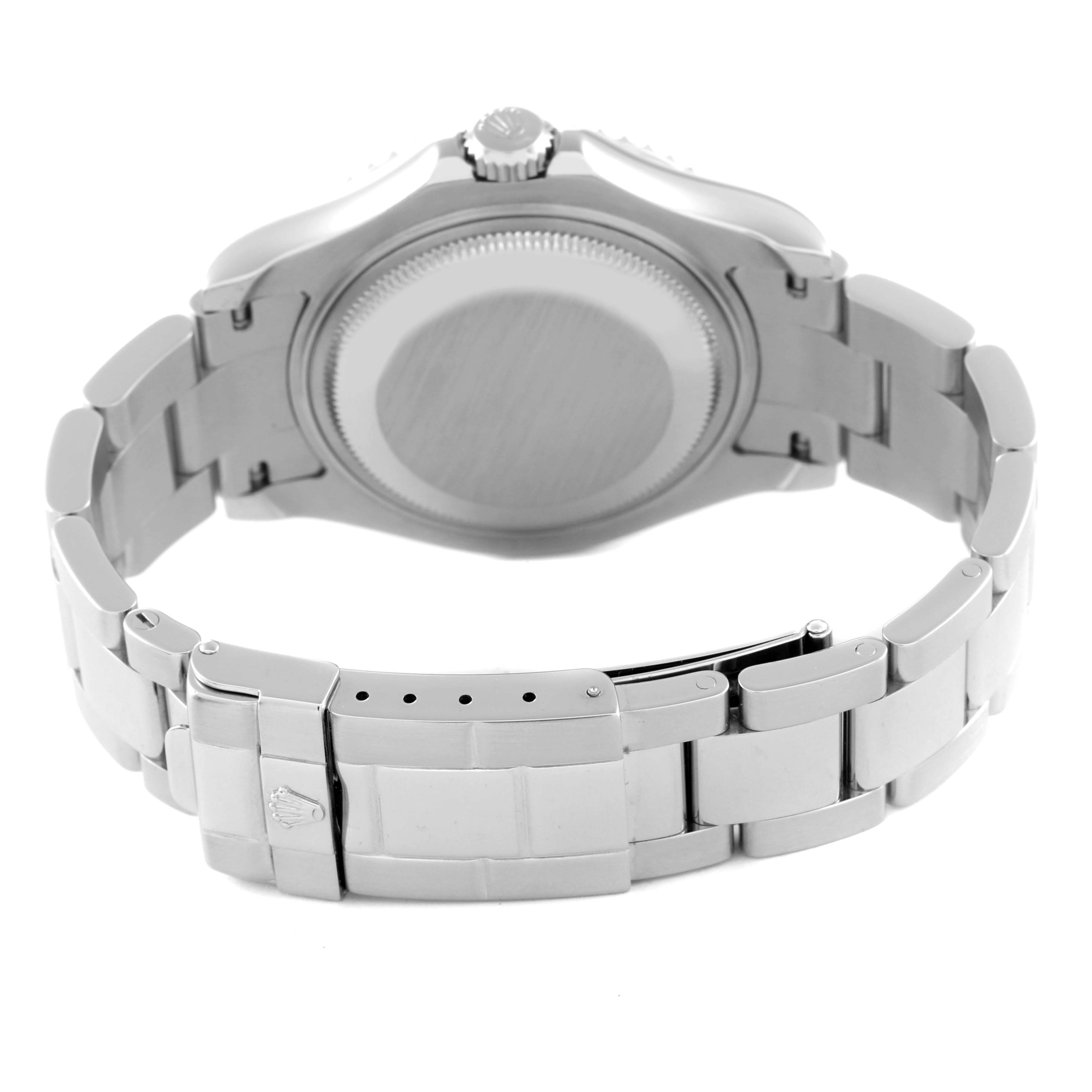 The image shows the back and bracelet of a Rolex Yacht-Master 168622 Men
s Stainless Steel Silver Dial 168622 Men
s Stainless Steel Silver Dial watch, focusing on the case back and clasp.