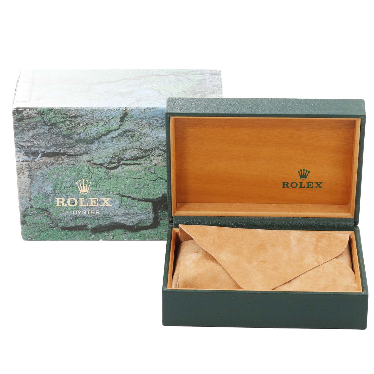 The image shows an opened Rolex Yacht-Master 168622 Men
s Stainless Steel Silver Dial 168622 Men
s Stainless Steel Silver Dial watch box and pouch, with the outer packaging visible in the background.