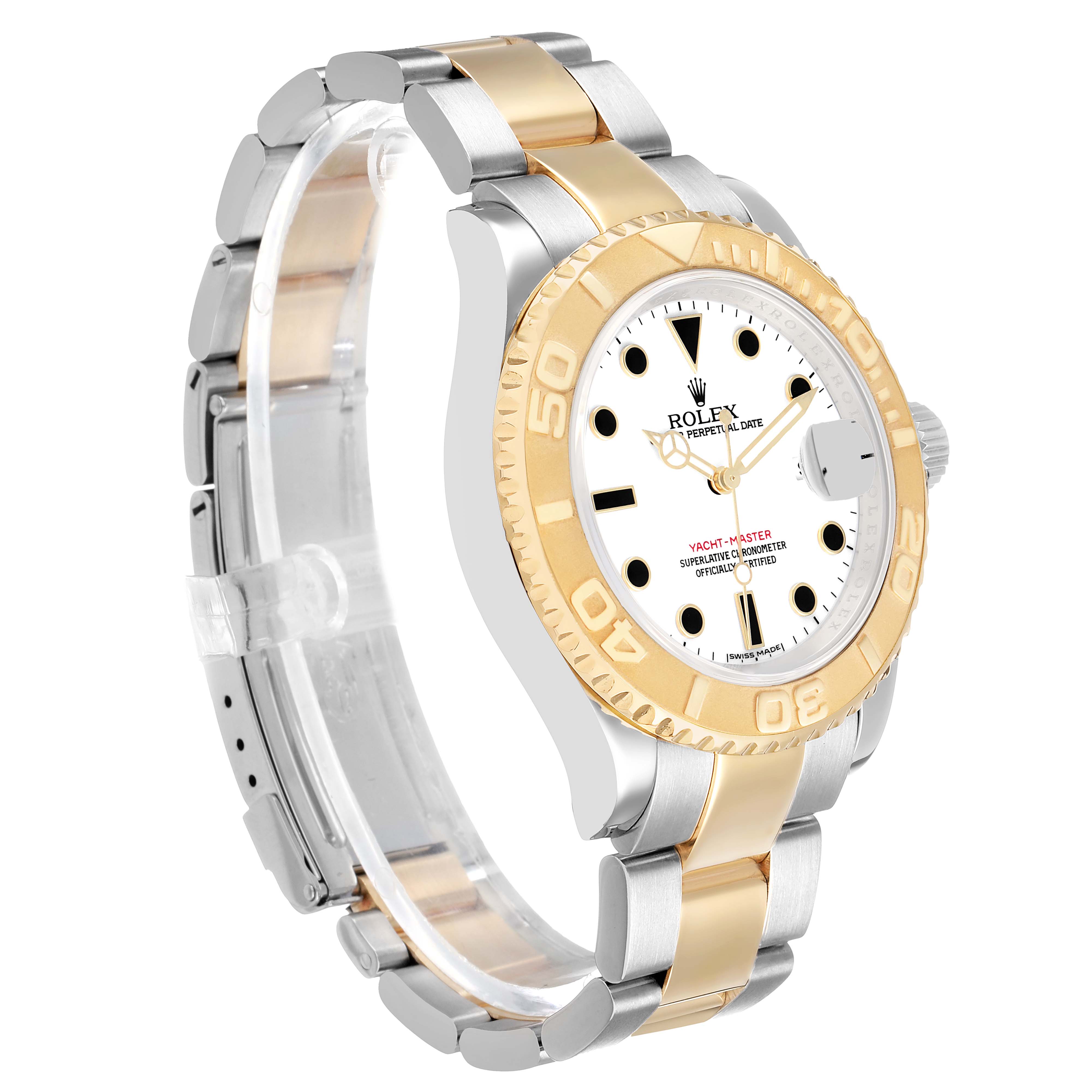 The Rolex Yacht-Master 16623 Men's Steel and Gold (two tone) White Dial watch is shown at a three-quarter angle, highlighting the dial, bezel, and bracelet.