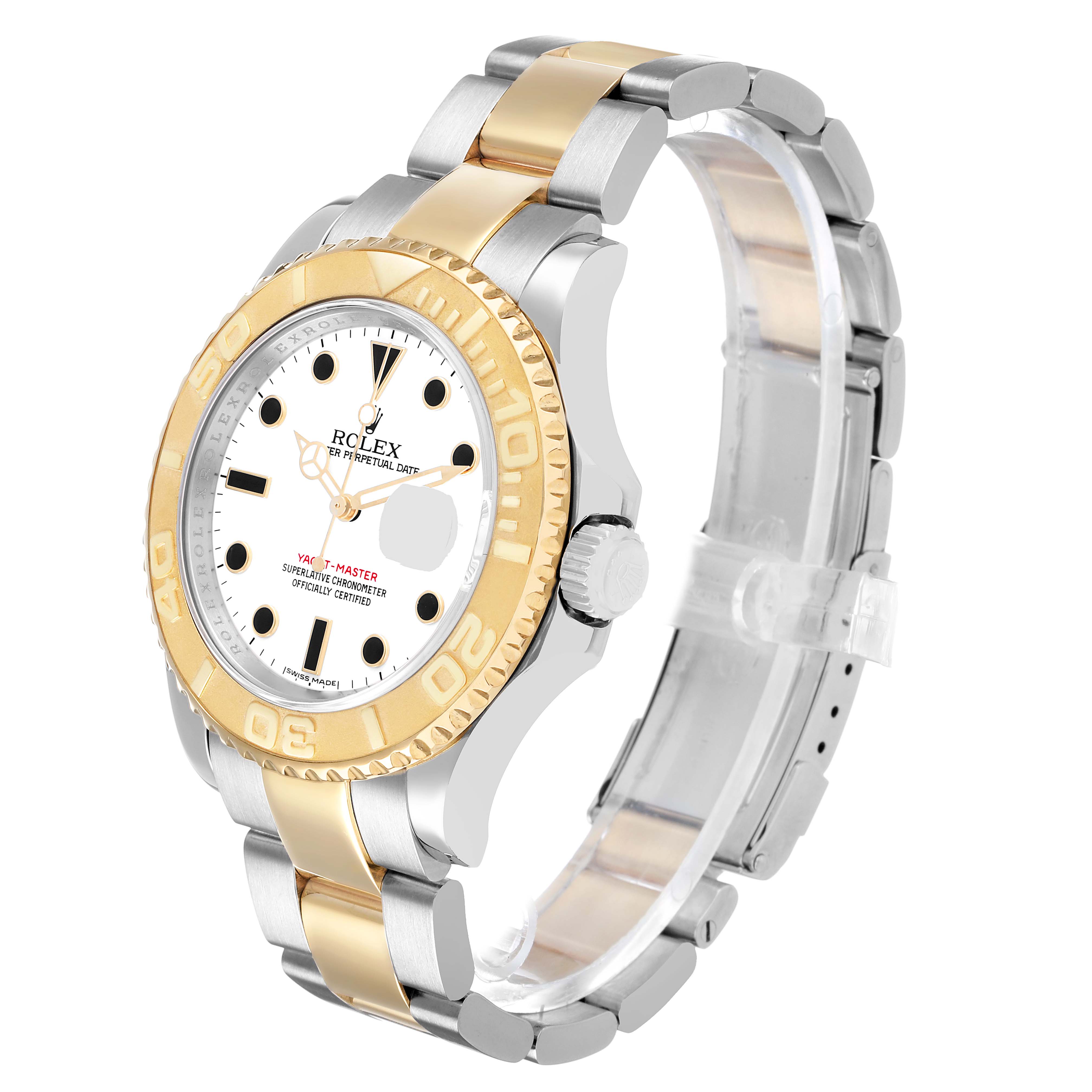 The Rolex Yacht-Master 16623 Men's Steel and Gold (two tone) White Dial watch is shown at a three-quarter angle, highlighting the bezel, dial, crown, and two-tone bracelet.