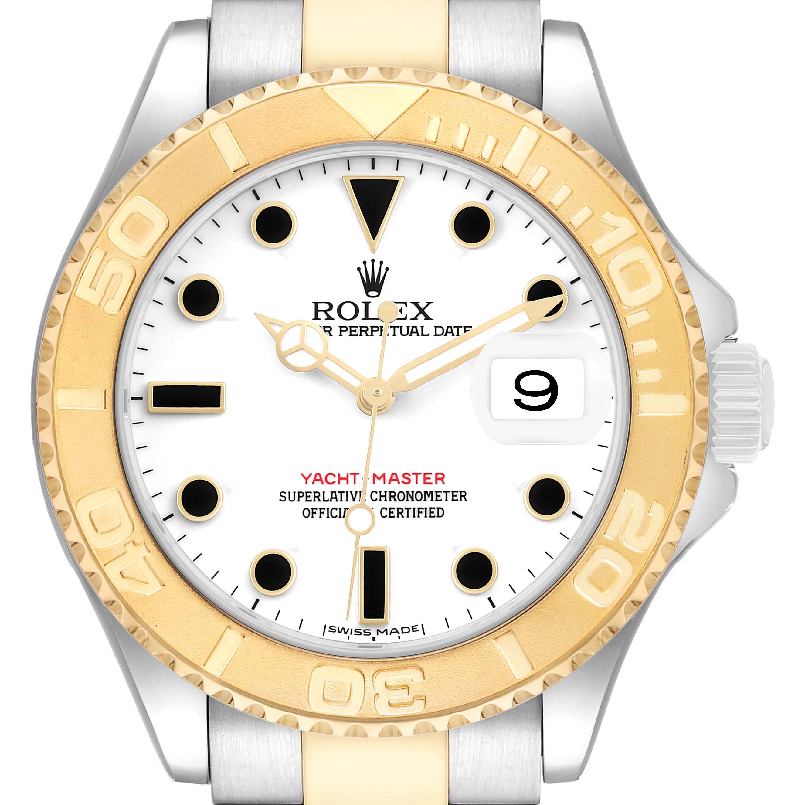 The Rolex Yacht-Master 16623 Men's Steel and Gold (two tone) White Dial watch is shown from a front angle, highlighting the dial, hands, date, and bezel.